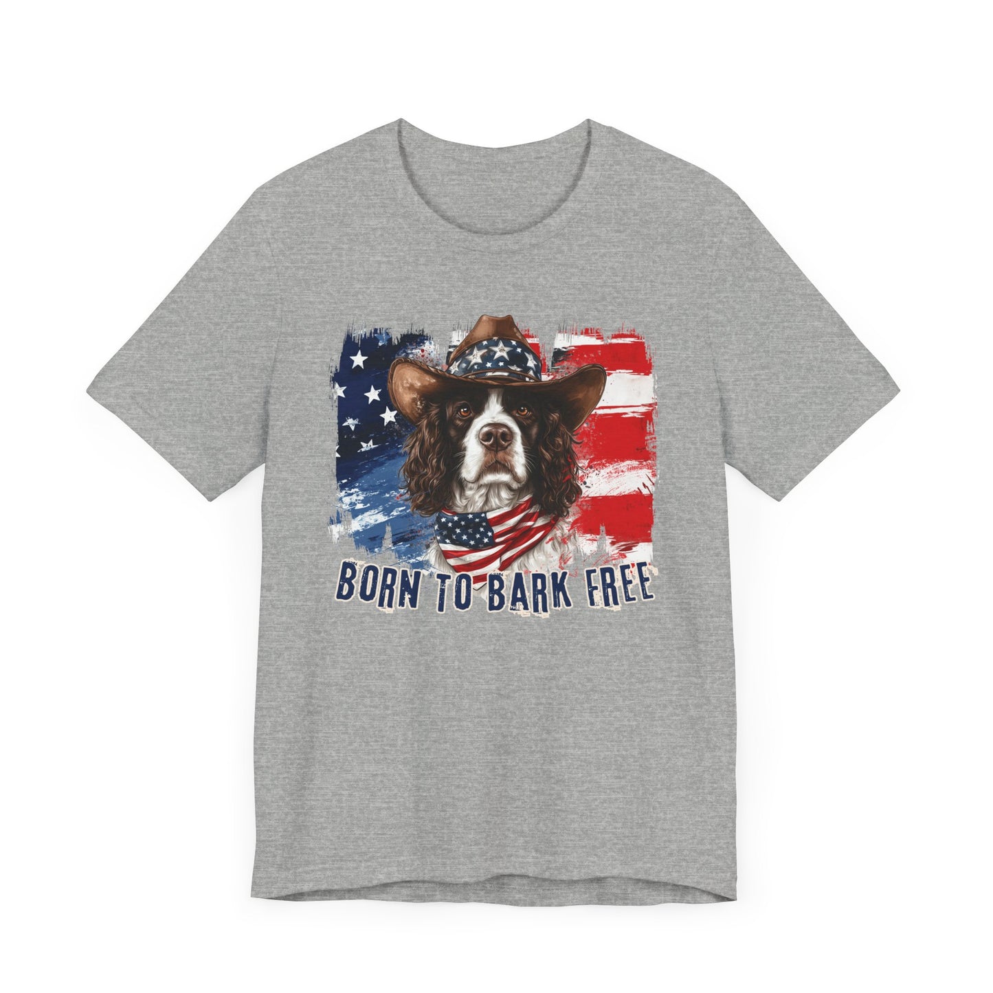 English Springer Spaniel Patriotic T-Shirt "Born to Bark Free" - Dog-Themed Patriotic Design