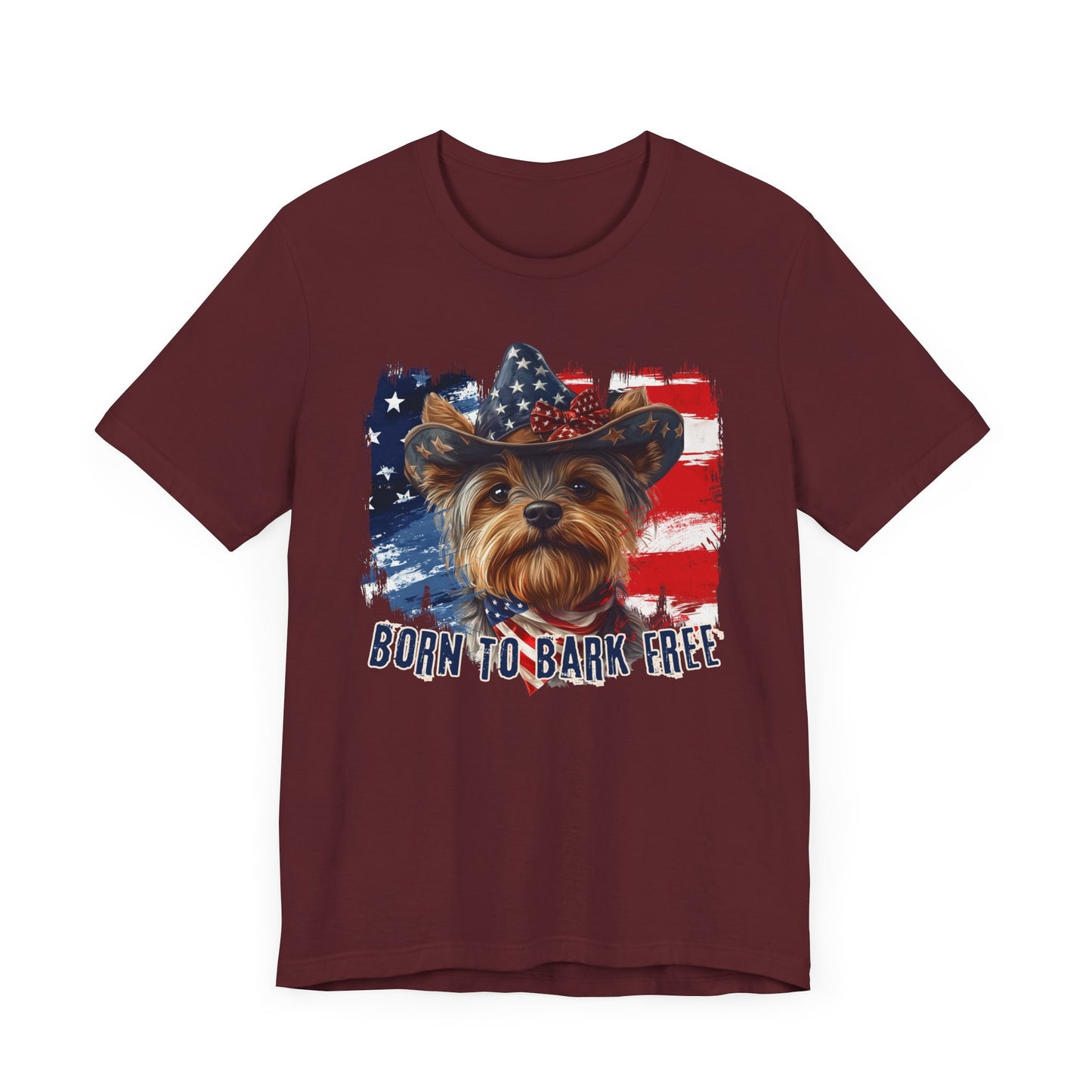 Yorkie Patriotic T-Shirt "Born to Bark Free" - Dog-Themed Patriotic Design