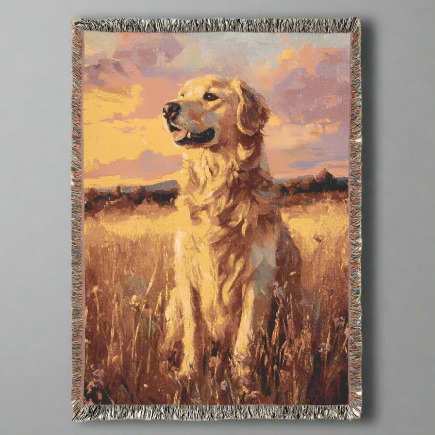 woven blanket featuring golden retriever in the sunset