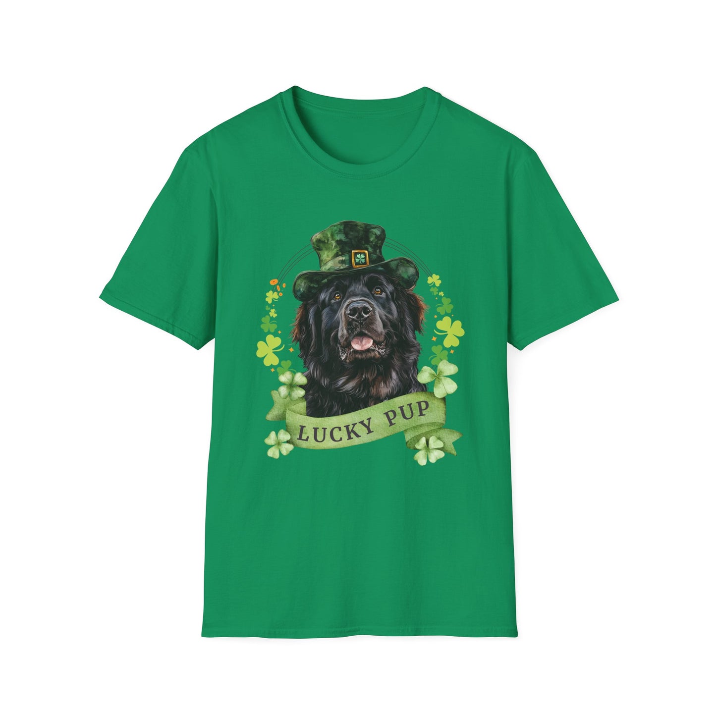 St. Patrick’s Day newfoundland dog kelly green t-shirt with a lucky shamrock print, great for dog lovers