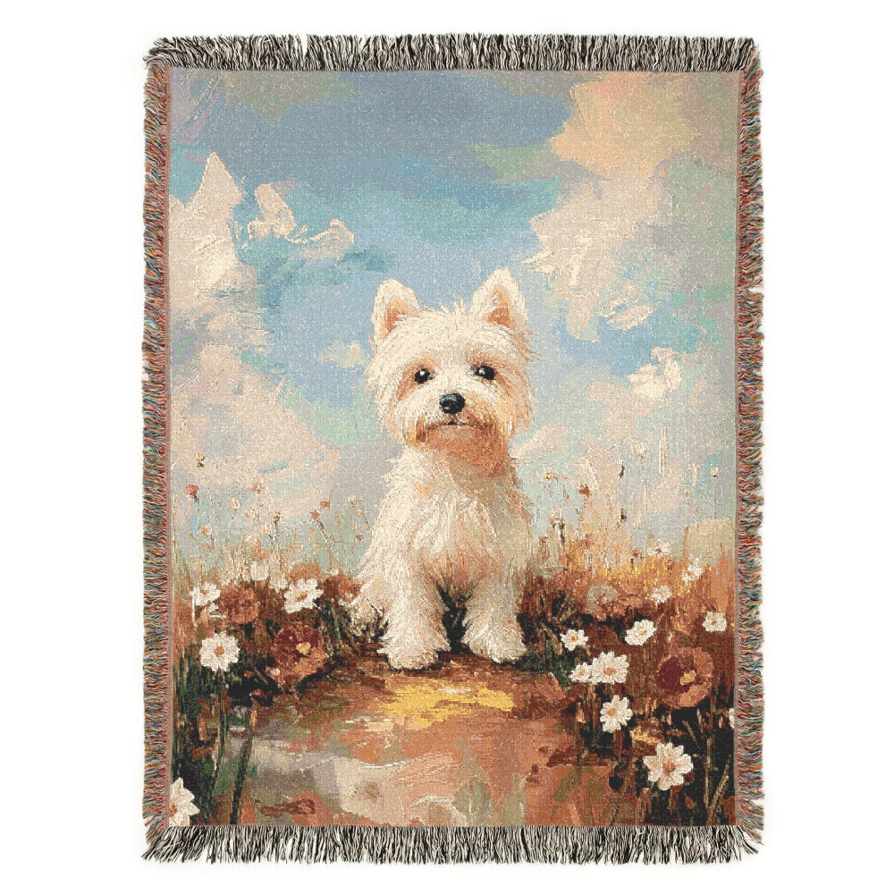 Westie Puppy in a Wildflower Meadow – Woven Blanket - Floral Dog Design for Home Comfort - Customization available