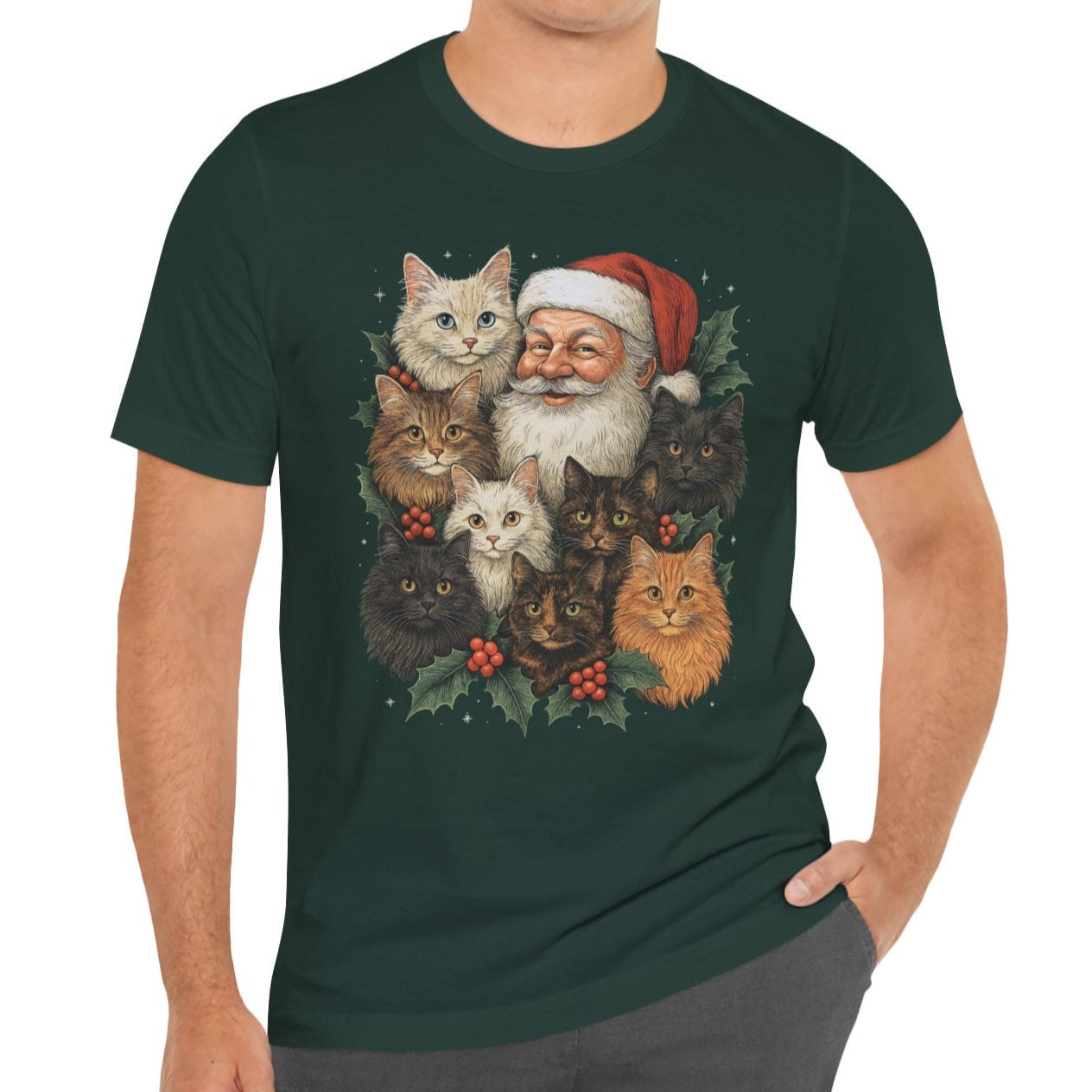 Santa & His Fluffy Cats Christmas T-Shirt – Vintage Holiday Cat Lover Tee