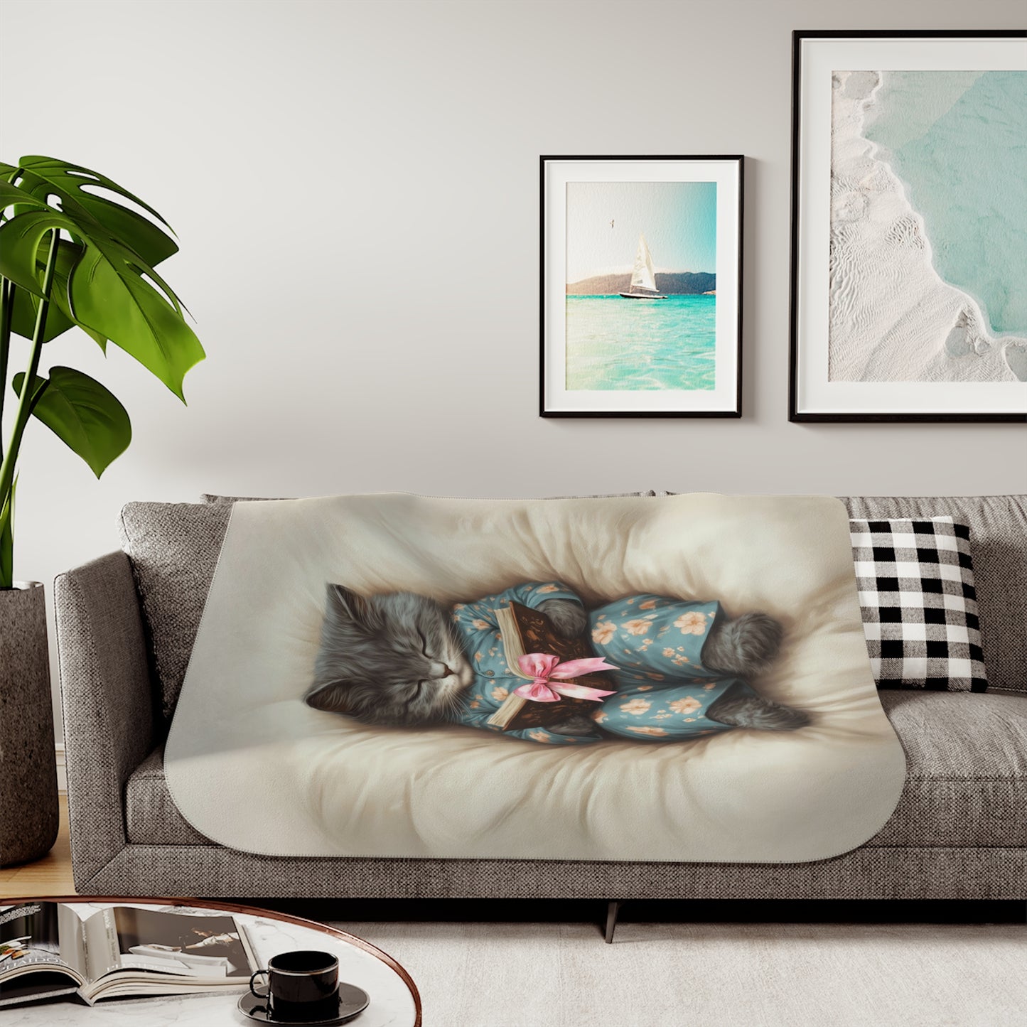 Comfort Zone - Personalized Grey Cat Reading Blanket, Vertical Design – Custom Sherpa Throw, Beige