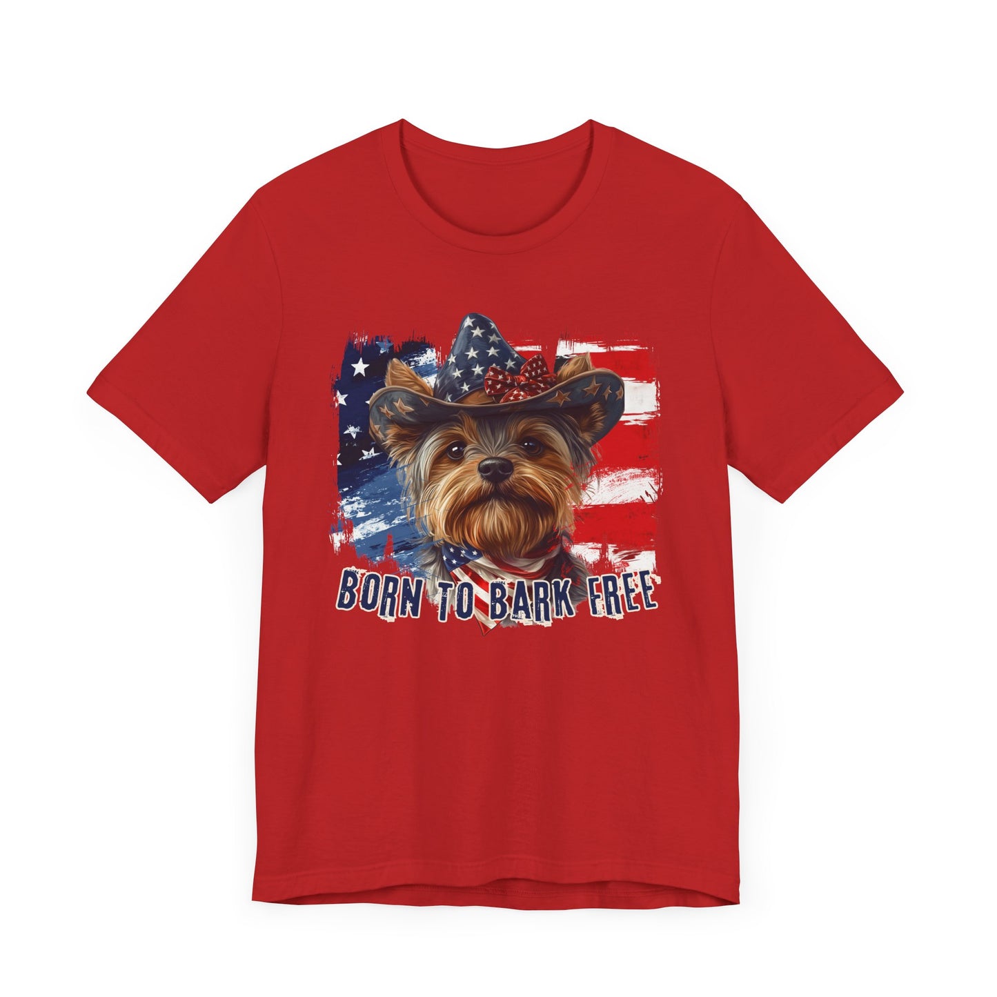 Yorkie Patriotic T-Shirt "Born to Bark Free" - Dog-Themed Patriotic Design