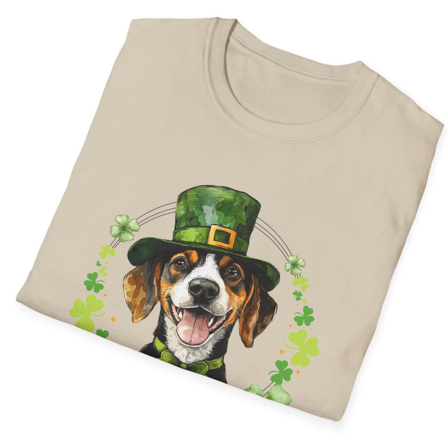 St. Patrick’s Day t-shirt featuring a Beagle dog with a shamrock garland and festive Irish design