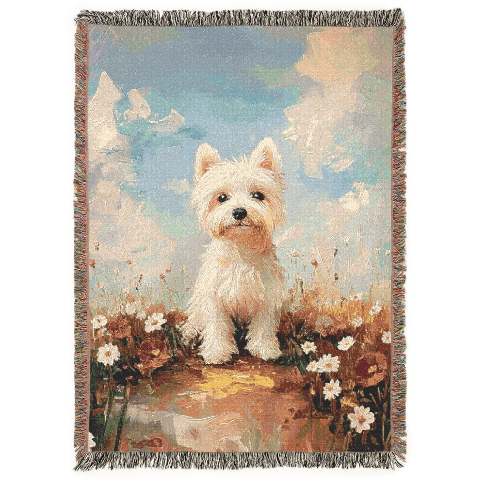 Westie Puppy in a Wildflower Meadow – Woven Blanket - Floral Dog Design for Home Comfort - Customization available
