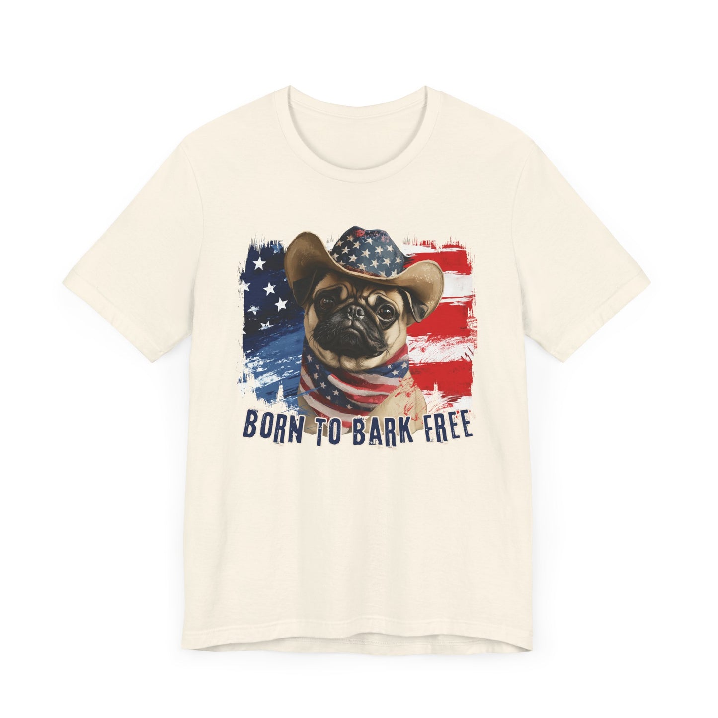 Pug Patriotic T-Shirt "Born to Bark Free" - Dog-Themed Patriotic Design