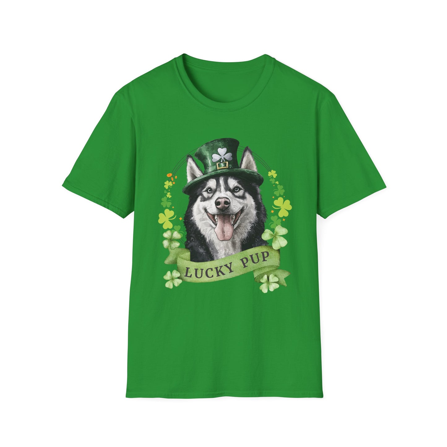 St. Patrick’s Day t-shirt gift for dog lovers featuring Siberian Husky dog with a shamrock garland and festive Irish design, kelly green
