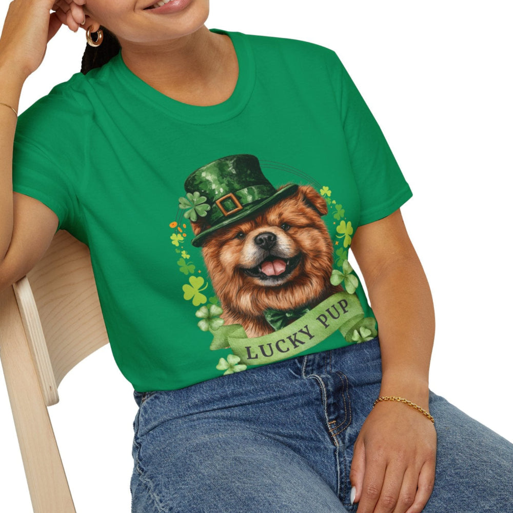 Woman in a St. Patrick’s Day kelly green t-shirt gift for dog lovers featuring a Chow Chow dog with a shamrock garland and festive Irish design