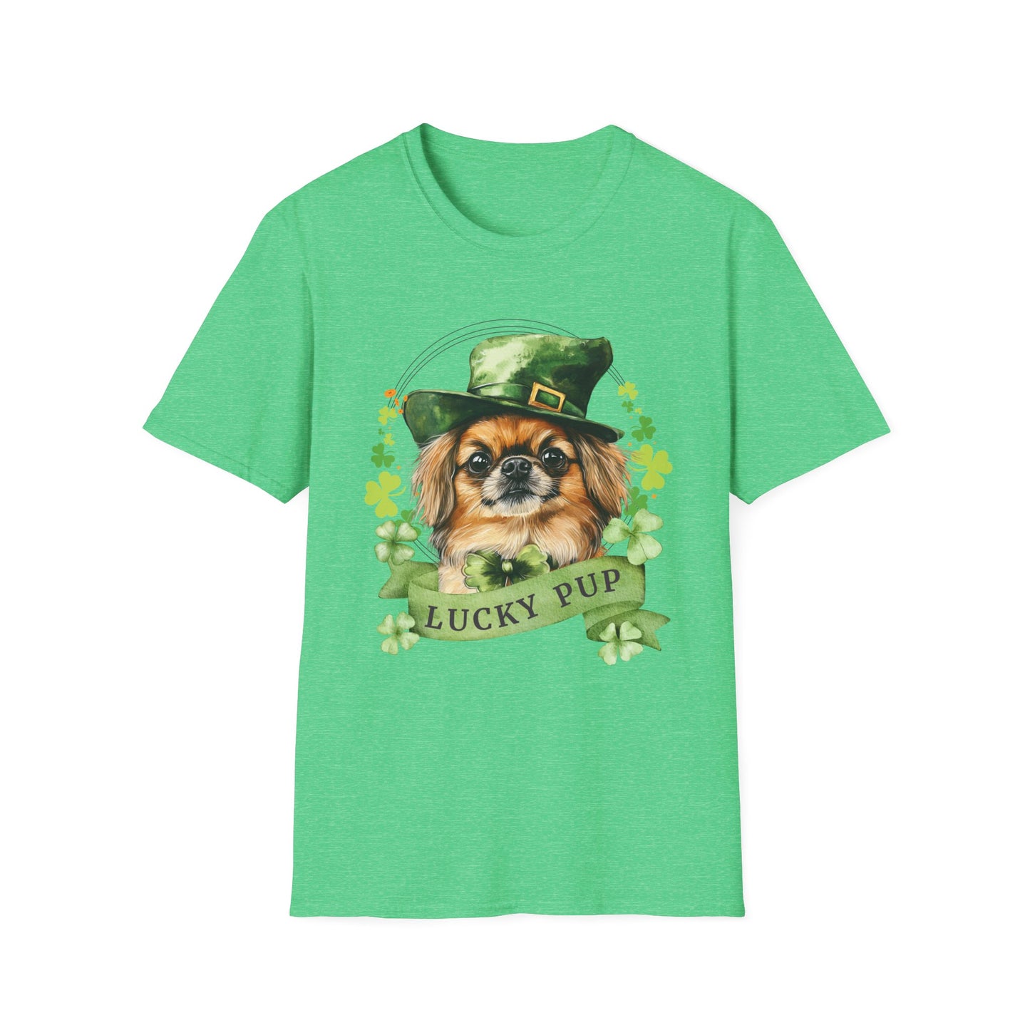 St. Patrick’s Day heather kelly green t-shirt gift for dog lovers featuring a Pekingese dog with a shamrock garland and festive Irish design