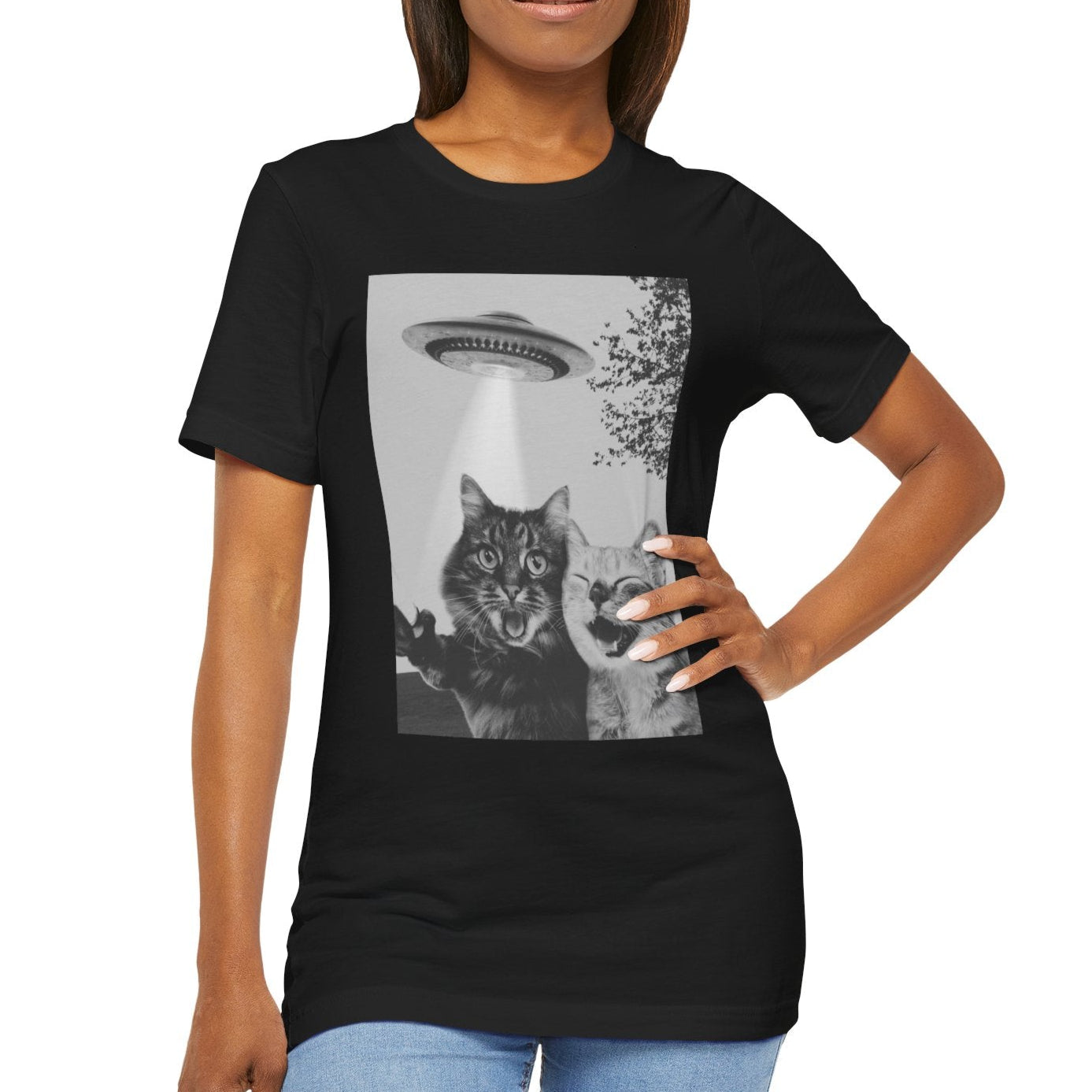 Funny Two Cats Alien UFO Selfie T-Shirt