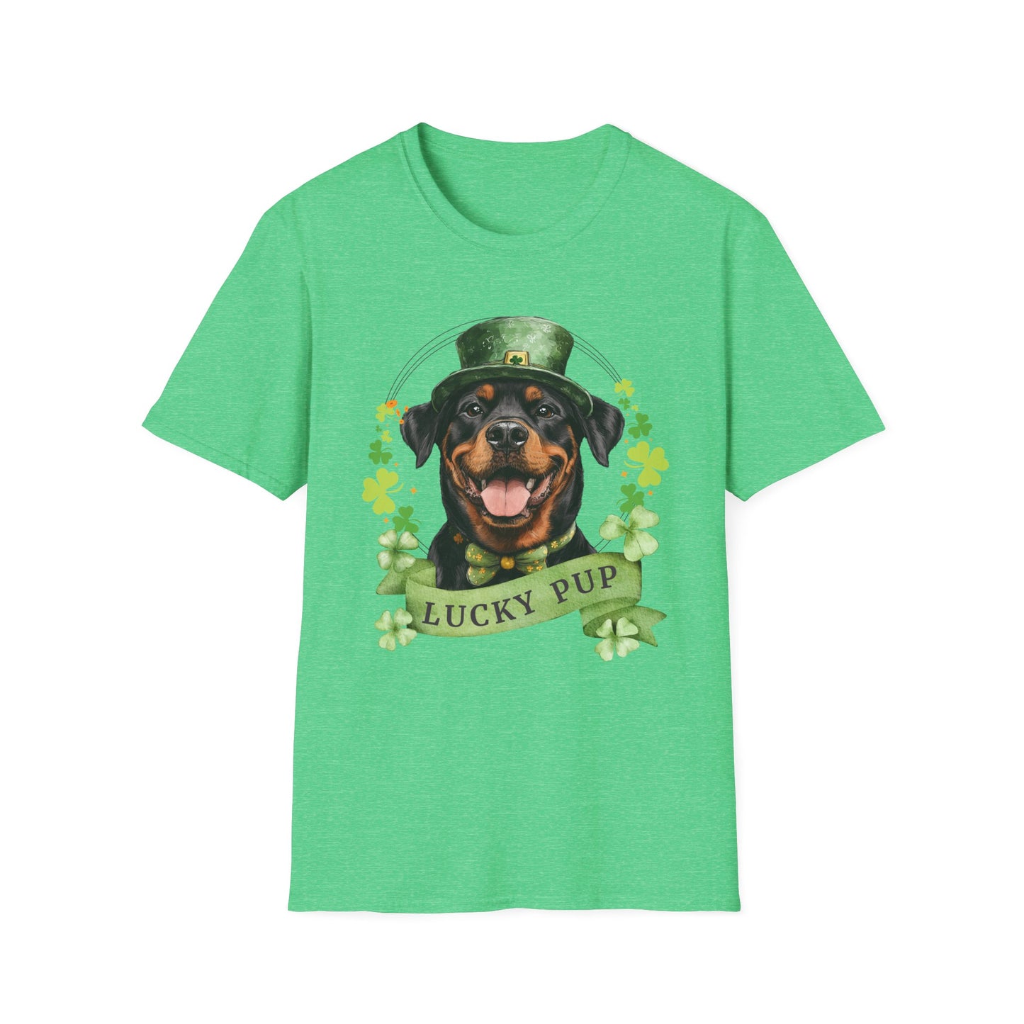 St. Patrick’s Day heather kelly green t-shirt gift for dog lovers featuring a Rottweiler dog with a shamrock garland and festive Irish design