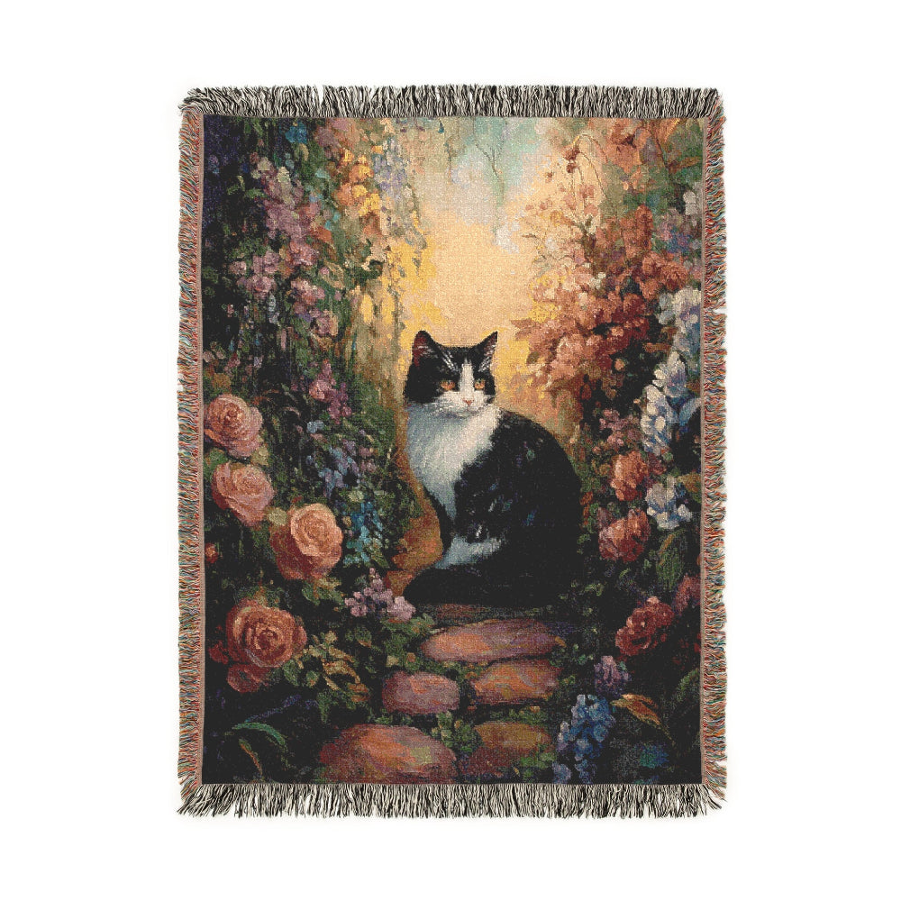Black and White Cat in an Enchanted Garden – Woven Blanket - Floral Cat Design for Home Comfort - Customization available