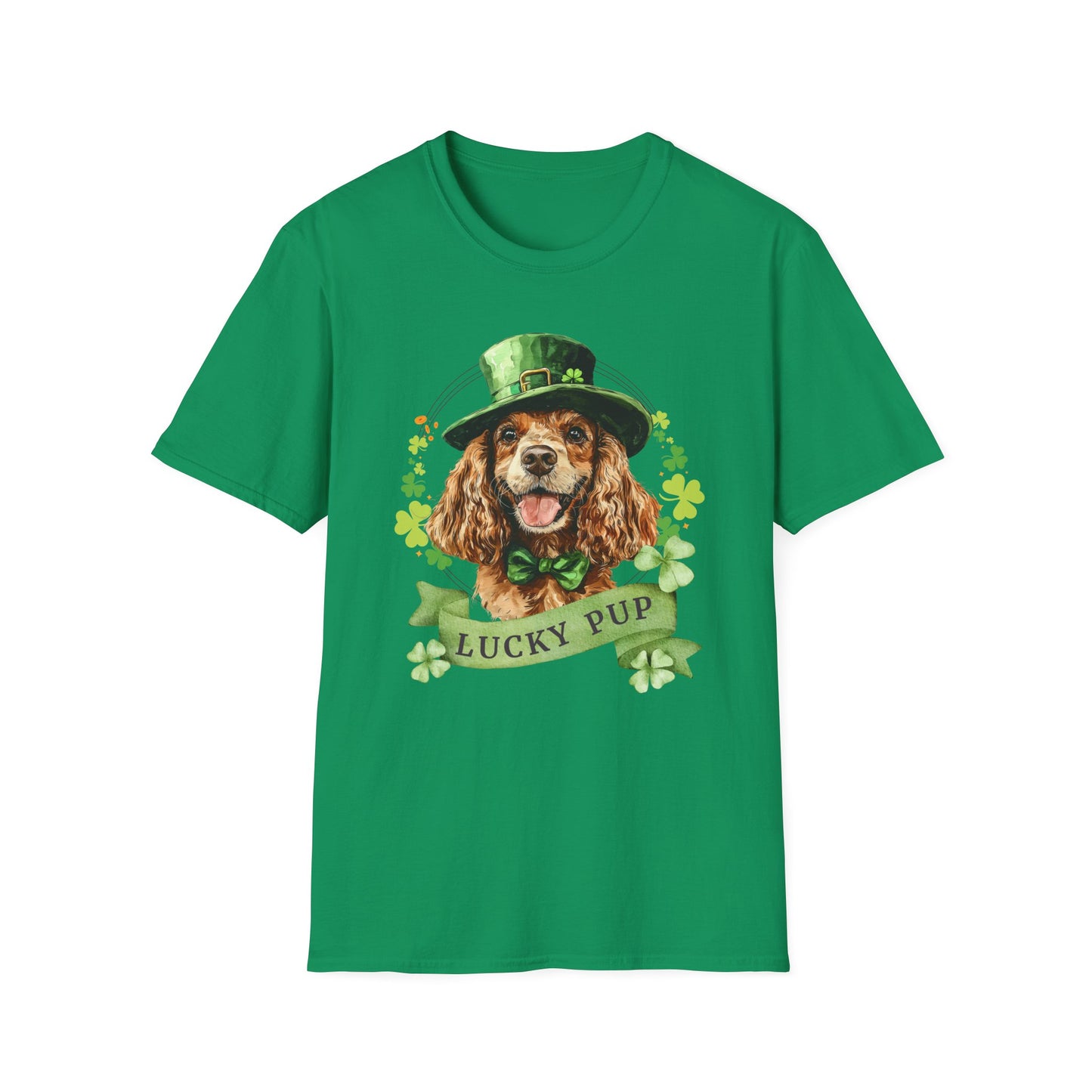 St. Patrick’s Day t-shirt featuring American cocker spaniel dog with a shamrock garland and festive Irish design