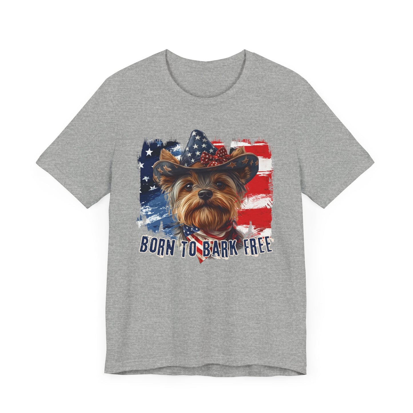 Yorkie Patriotic T-Shirt "Born to Bark Free" - Dog-Themed Patriotic Design