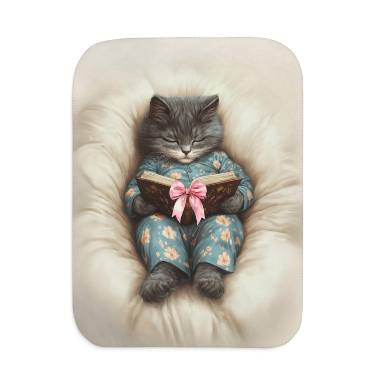 Comfort Zone - Personalized Grey Cat Reading Blanket, Vertical Design – Custom Sherpa Throw, Beige