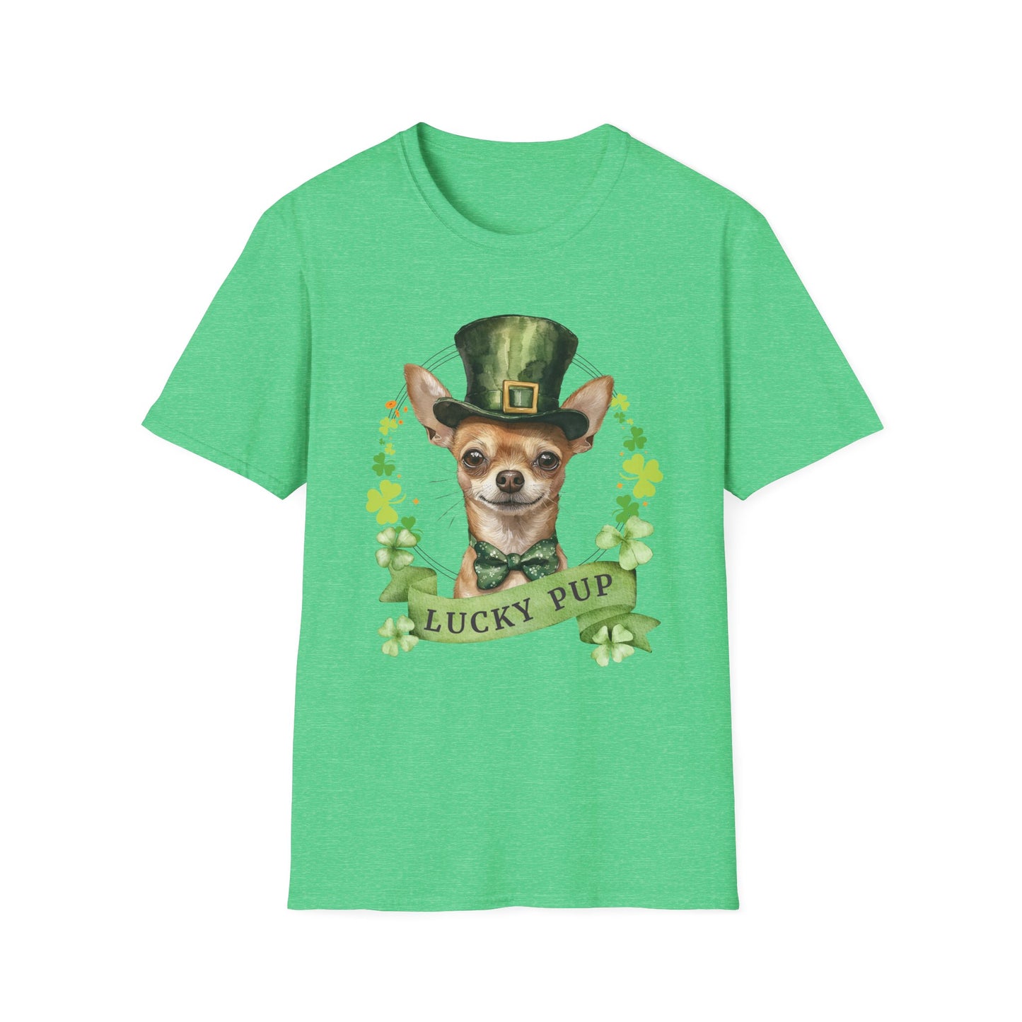 St. Patrick’s Day t-shirt heather kelly green featuring a Chihuahua dog with a shamrock garland and festive Irish design