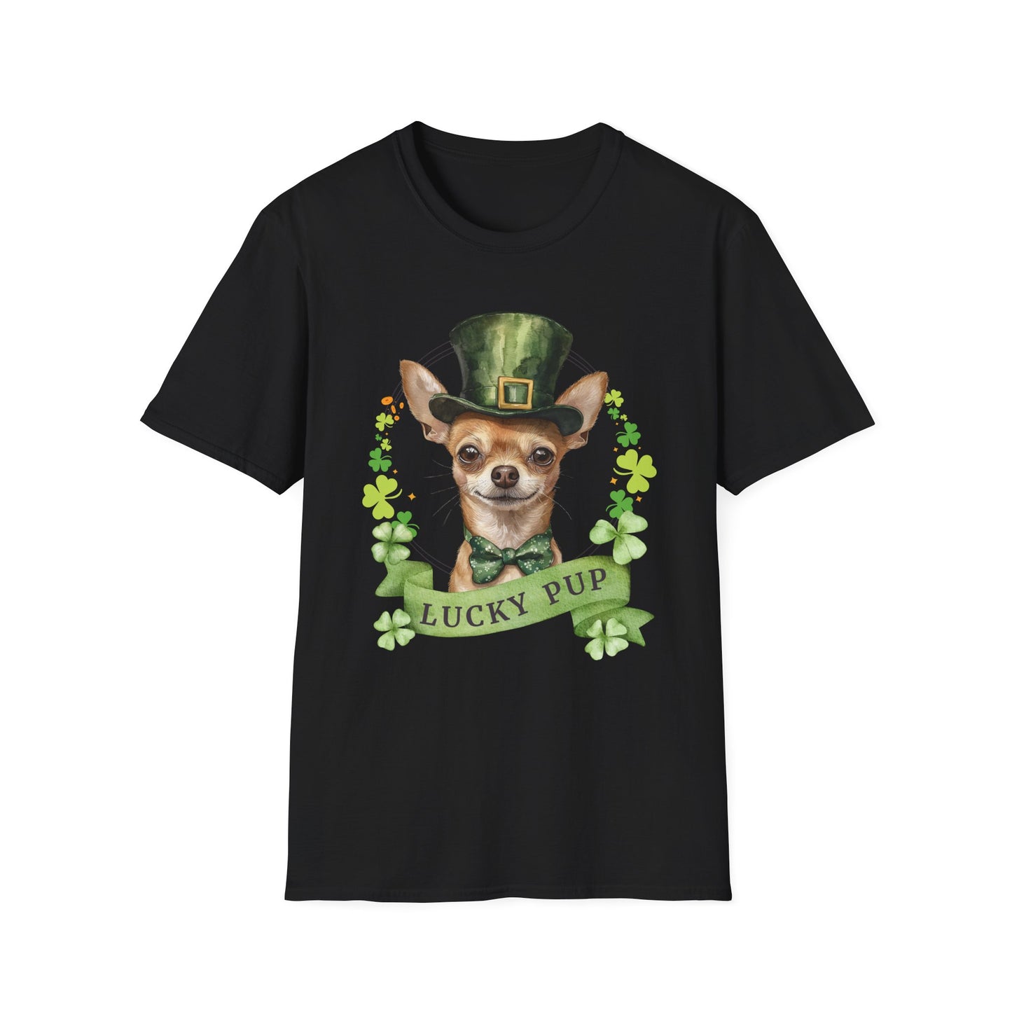 St. Patrick’s Day black t-shirt featuring a Chihuahua dog with a shamrock garland and festive Irish design