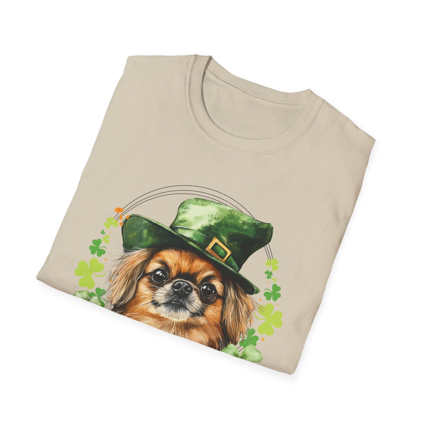 St. Patrick’s Day folded t-shirt gift for dog lovers featuring a Pekingese dog with a shamrock garland and festive Irish design