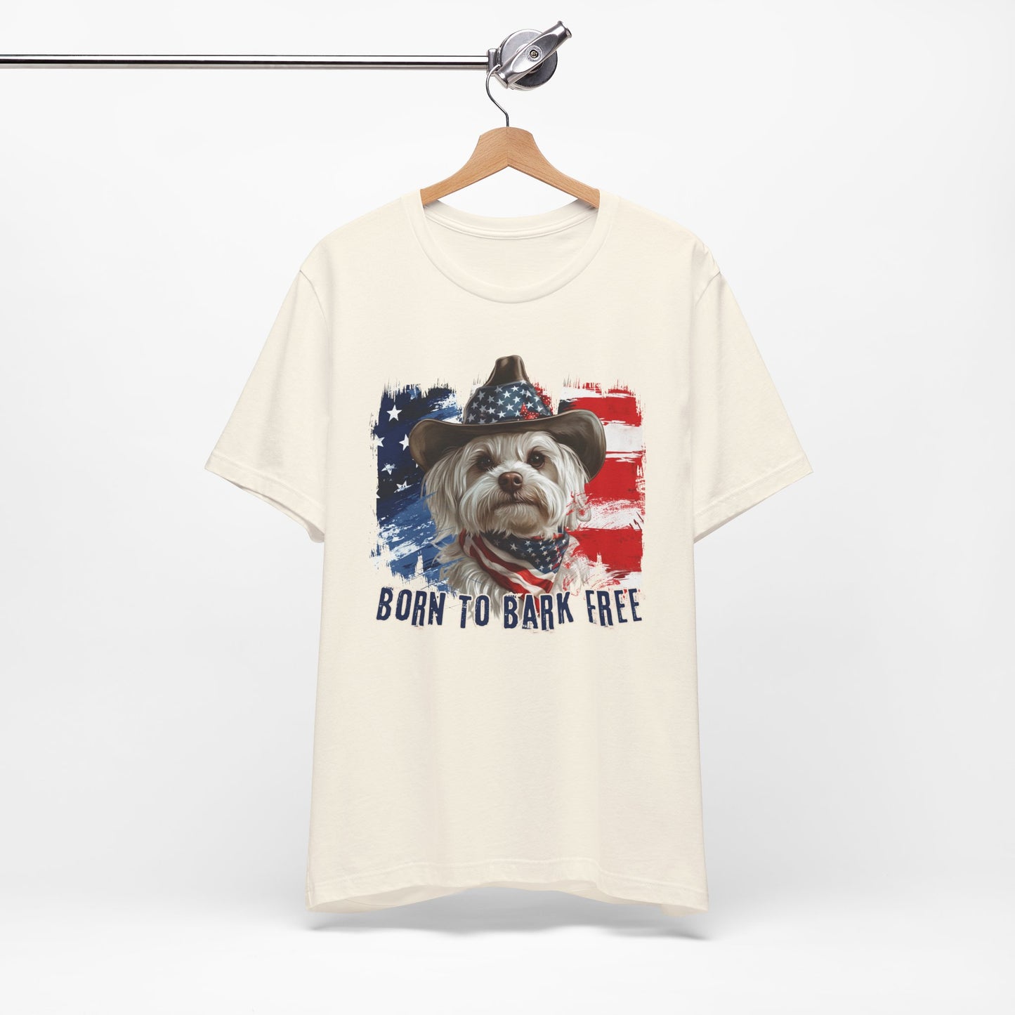 Maltese Patriotic T-Shirt "Born to Bark Free" - Dog-Themed Patriotic Design