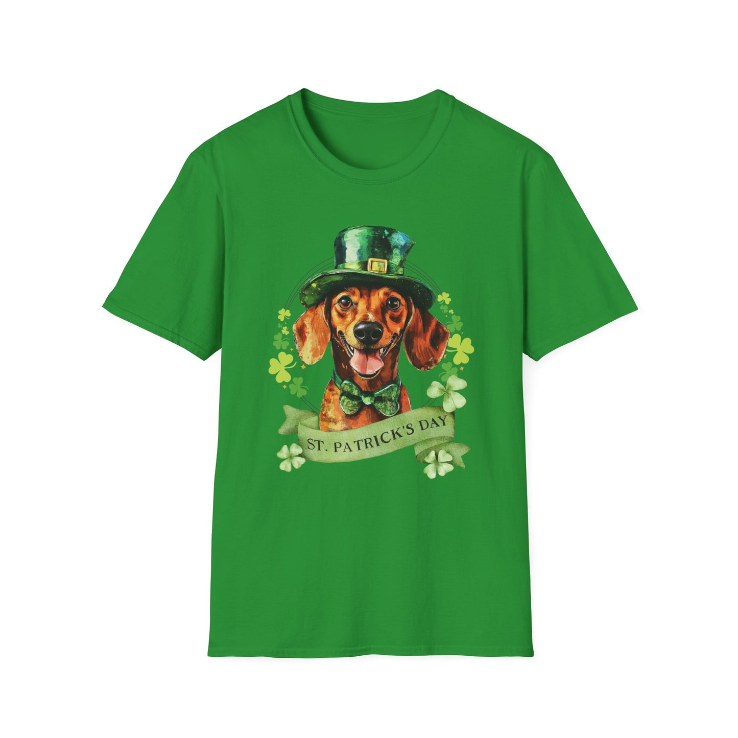 St. Patrick’s Day t-shirt featuring a Dachshund dog with a shamrock garland and festive Irish design