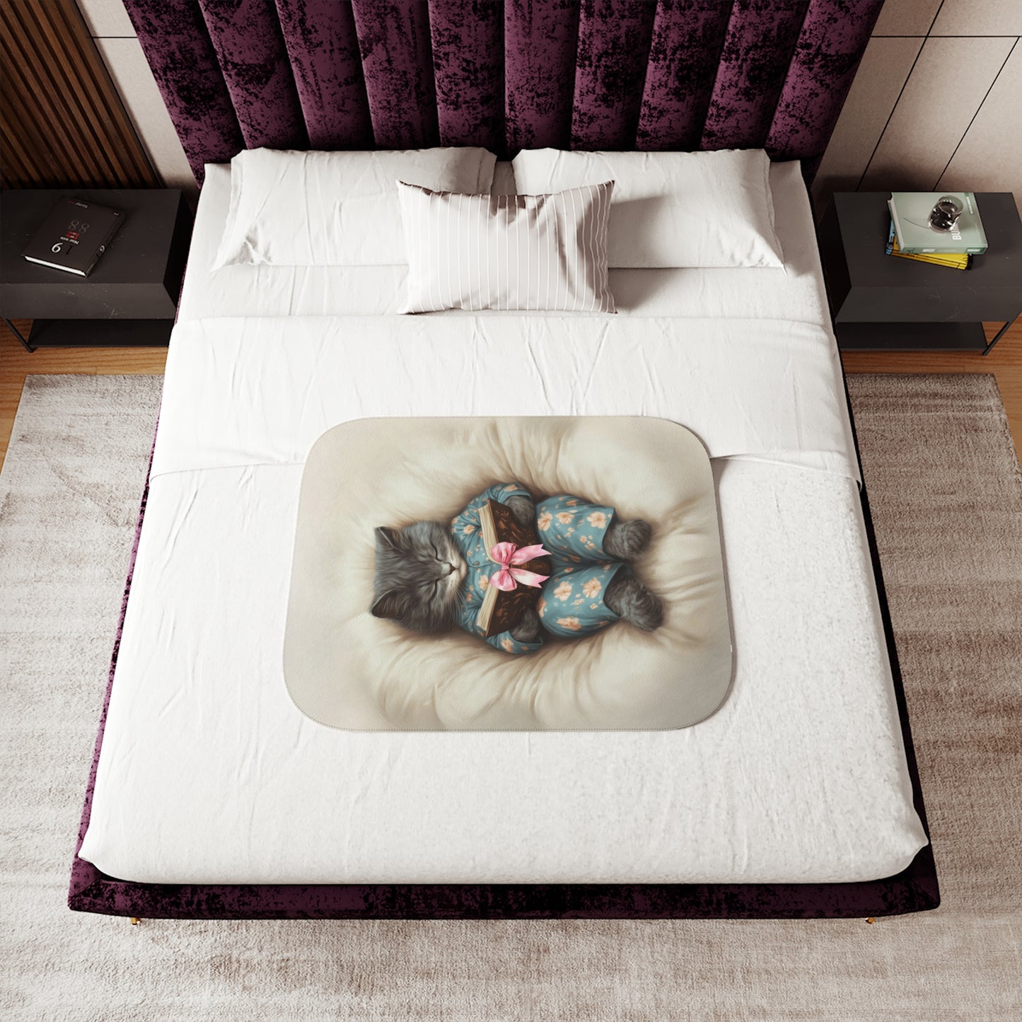 Comfort Zone - Cozy Cat Reading Blanket – Custom Sherpa Throw, Beige - Horizontal