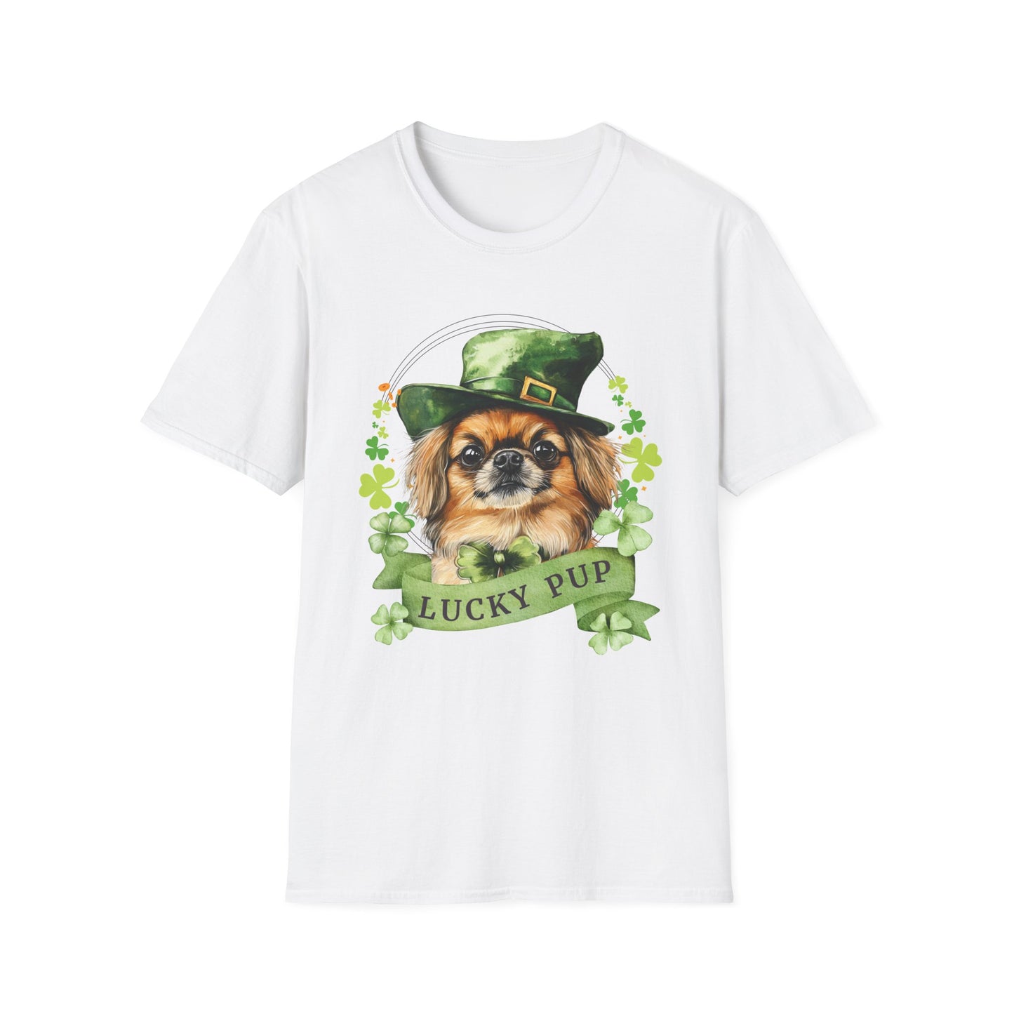 St. Patrick’s Day white t-shirt gift for dog lovers featuring a Pekingese dog with a shamrock garland and festive Irish design