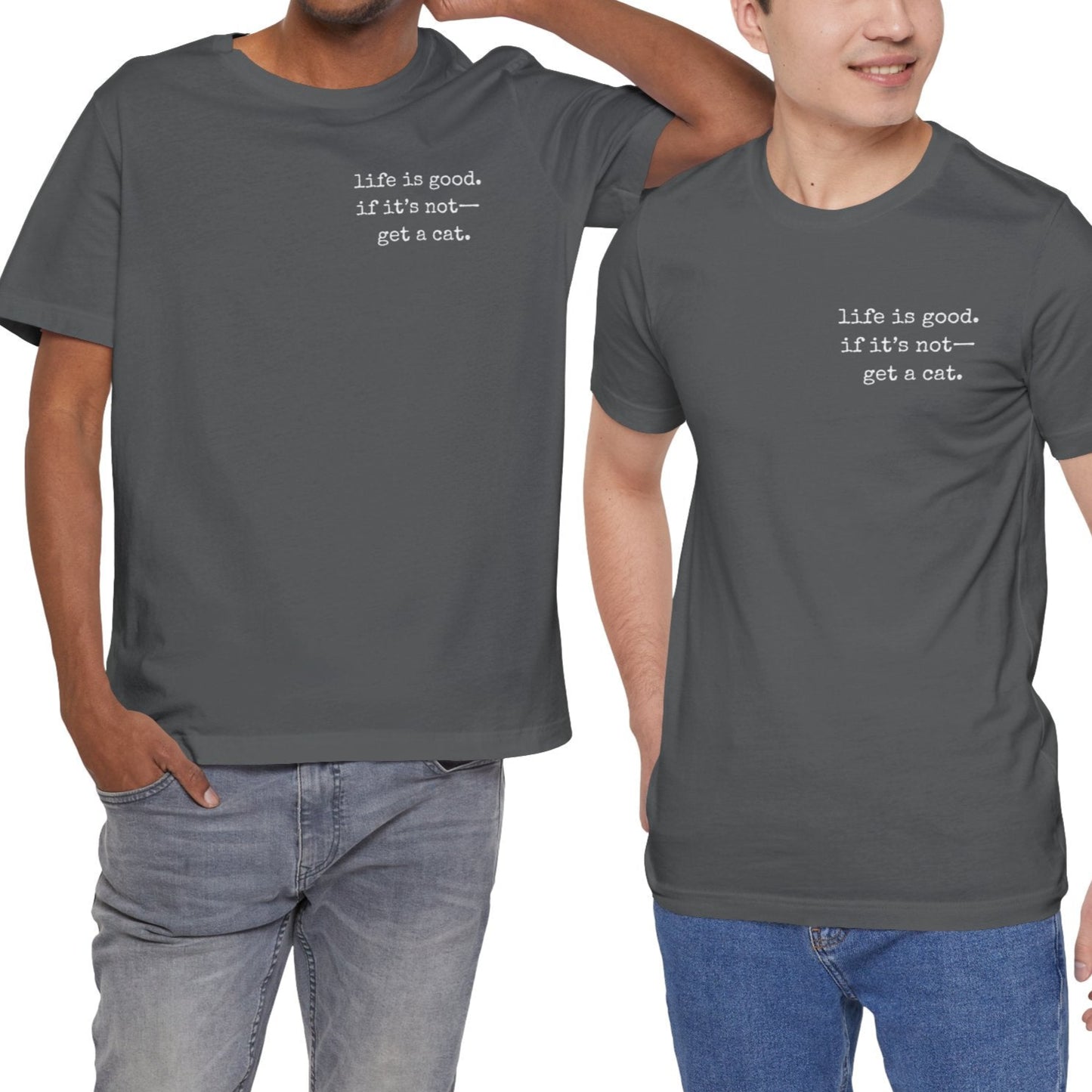 Two men wearing gray t-shirts with a printed message on a white background
