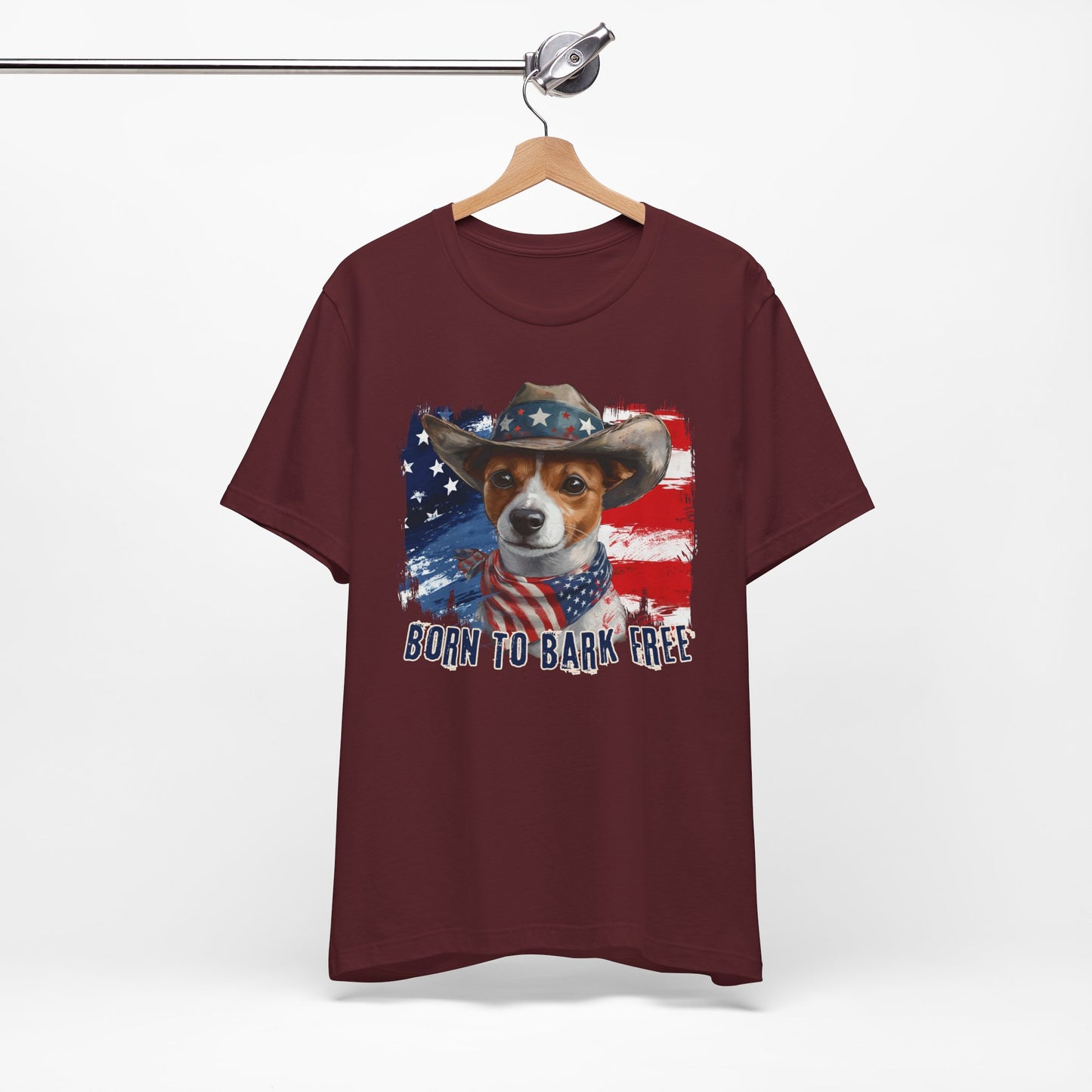 Jack Russel Patriotic T-Shirt "Born to Bark Free" - Dog-Themed Patriotic Design