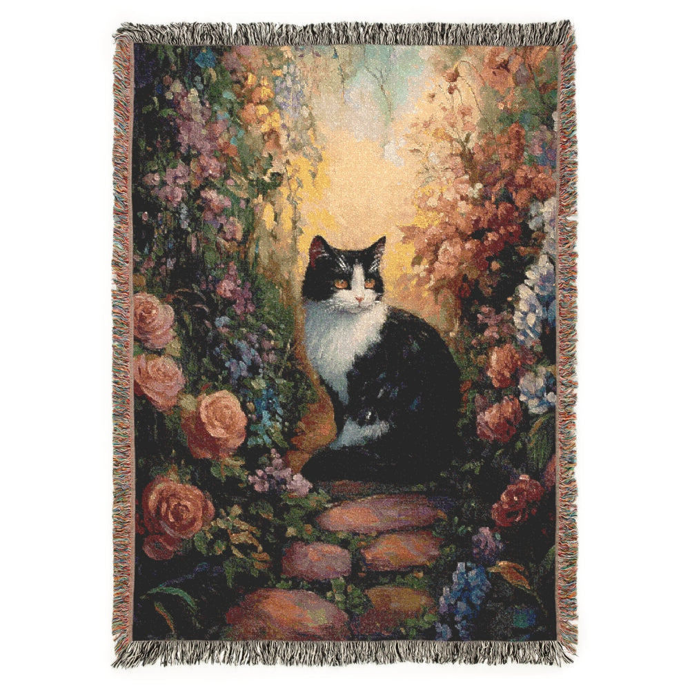 Black and White Cat in an Enchanted Garden – Woven Blanket - Floral Cat Design for Home Comfort - Customization available
