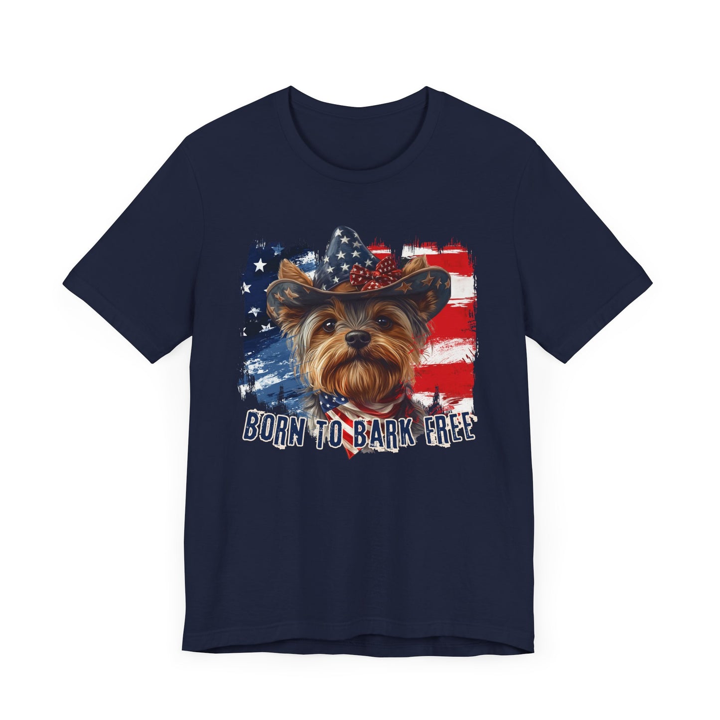 Yorkie Patriotic T-Shirt "Born to Bark Free" - Dog-Themed Patriotic Design