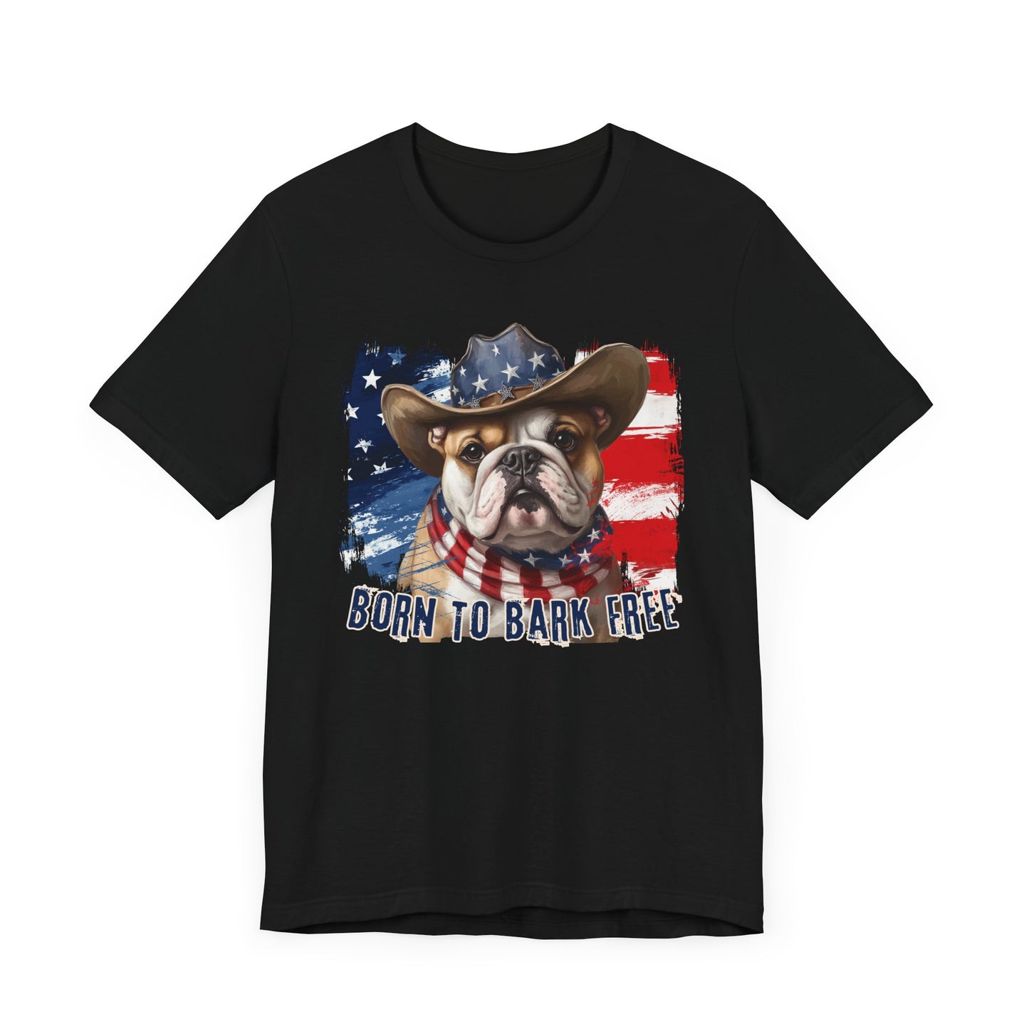English Bulldog Patriotic T-Shirt "Born to Bark Free" - Dog-Themed Patriotic Design