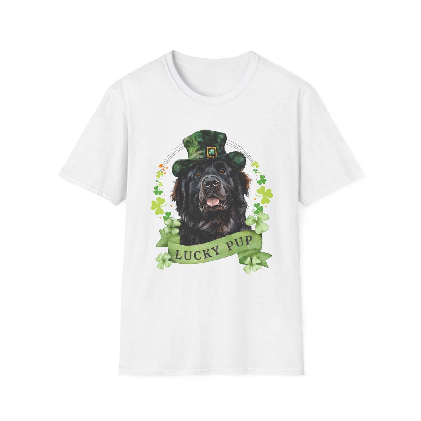 St. Patrick’s Day newfoundland dog white t-shirt with a lucky shamrock print, great for dog lovers