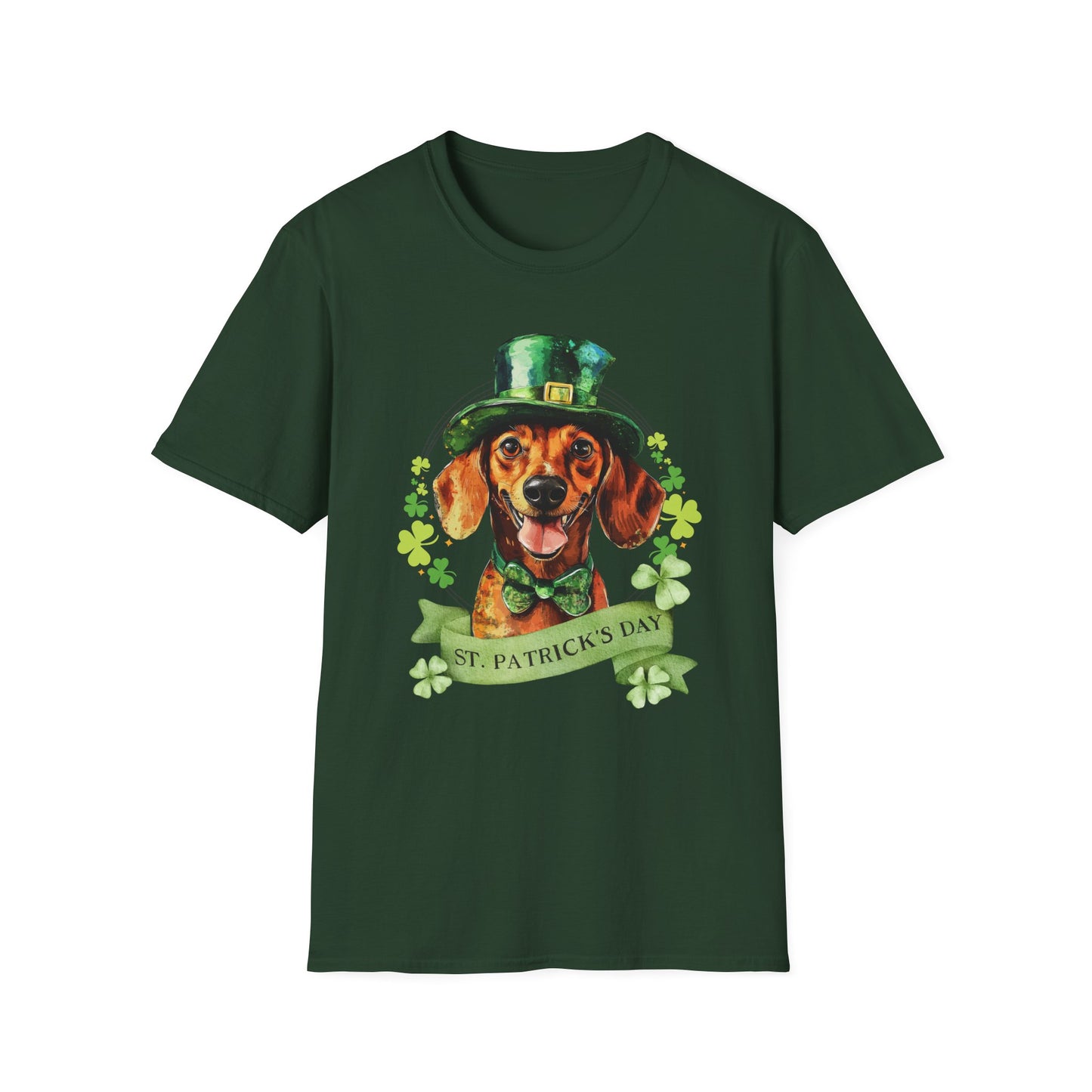 St. Patrick’s Day t-shirt featuring a Dachshund dog with a shamrock garland and festive Irish design