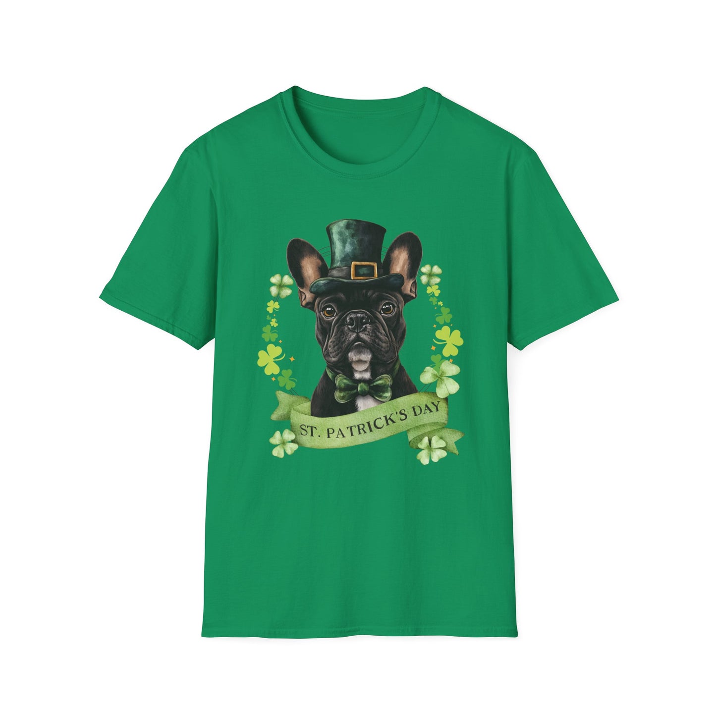 kelly green St. Patrick’s Day t-shirt featuring French Bulldog with a shamrock garland and festive Irish design