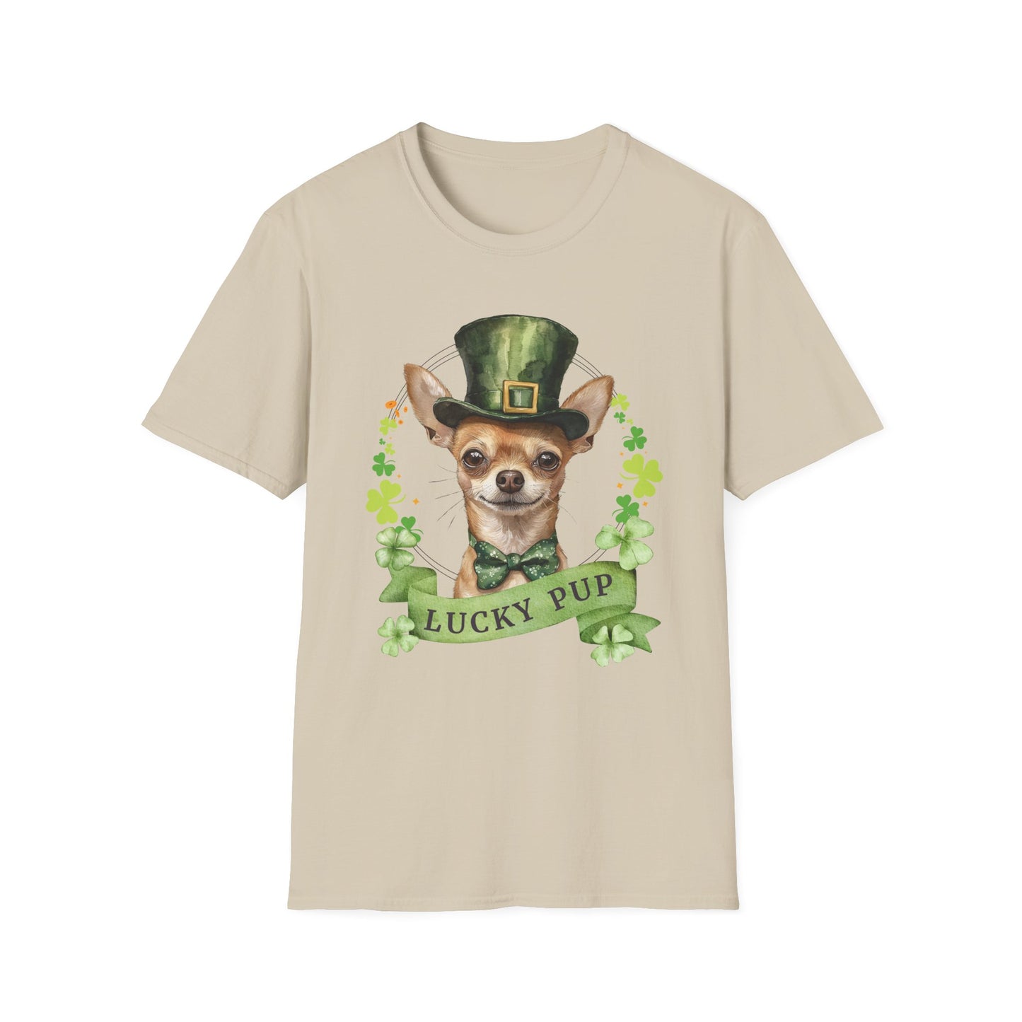 St. Patrick’s Day sand t-shirt featuring a Chihuahua dog with a shamrock garland and festive Irish design