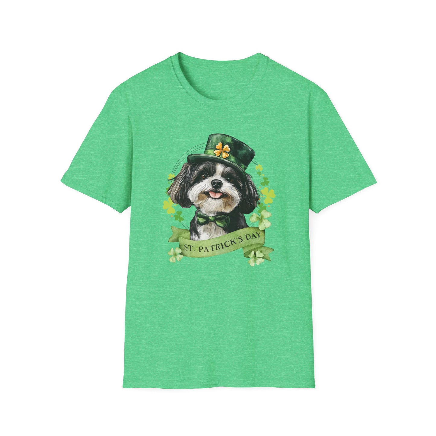 St. Patrick’s Day t-shirt featuring a shih tzu dog with a shamrock garland and festive Irish design