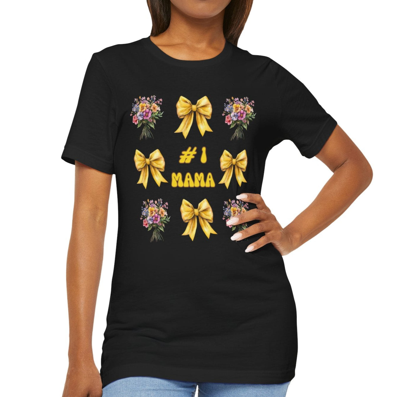 #1 Mama T-Shirt – Mother's Day Gift with Yellow Bows and Florals – Soft Cotton Tee