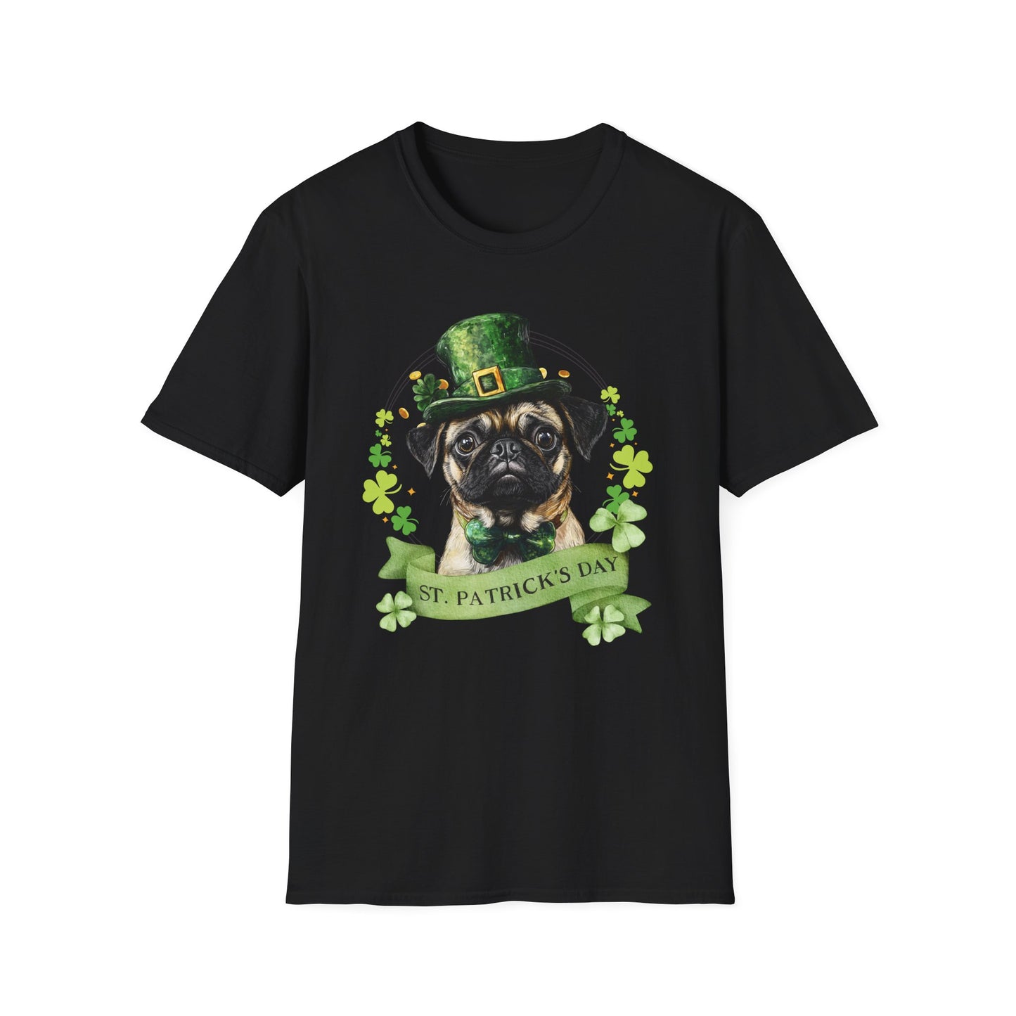 St. Patrick’s Day black t-shirt featuring a pug dog with a shamrock garland and festive Irish design