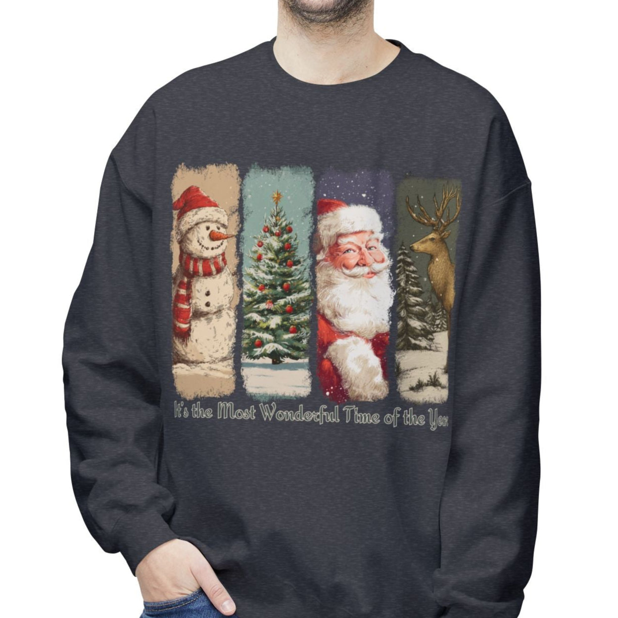 Man wearing a dark gray sweatshirt with Christmas-themed design on a white background