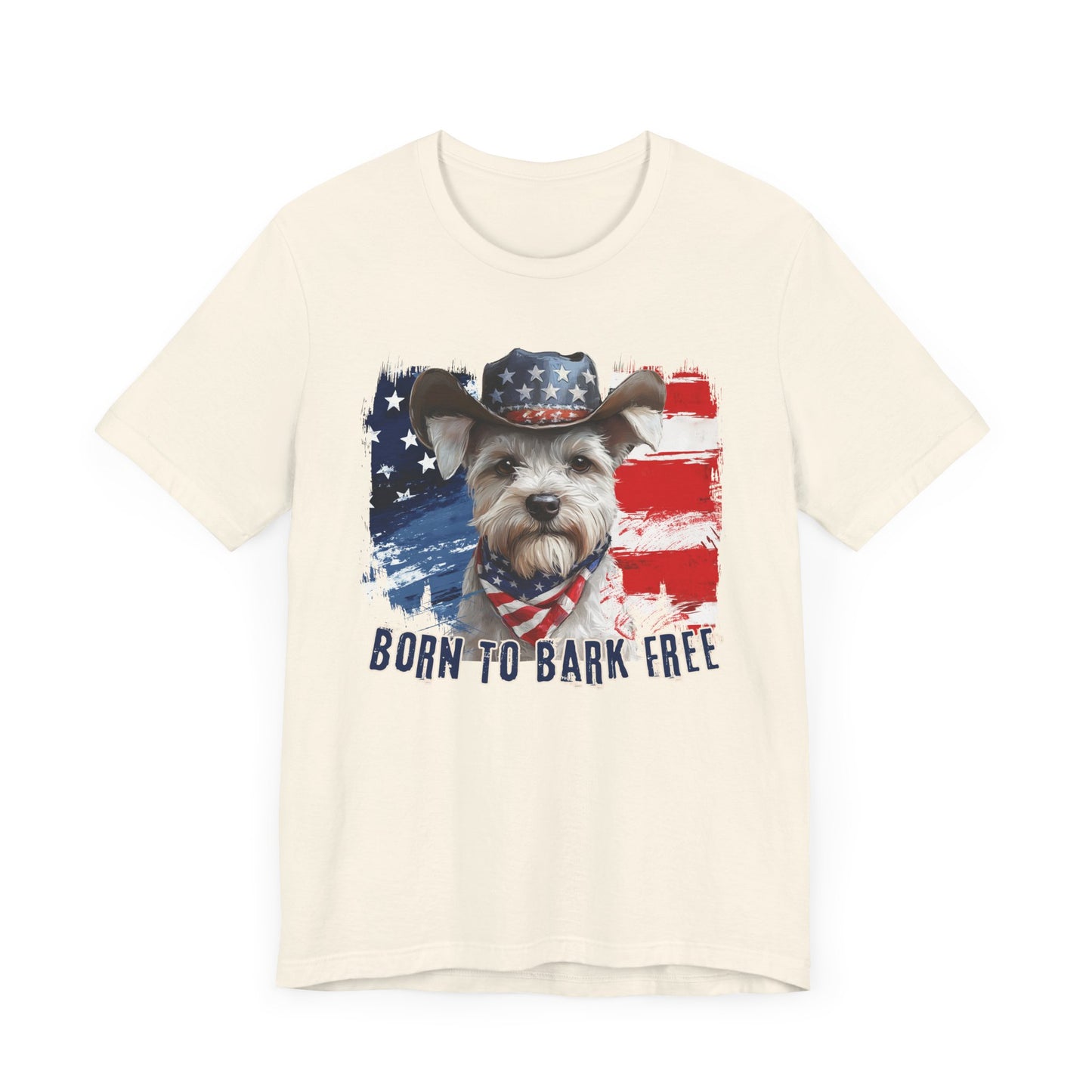 White Schnauzer Patriotic T-Shirt "Born to Bark Free" - Dog-Themed Patriotic Design