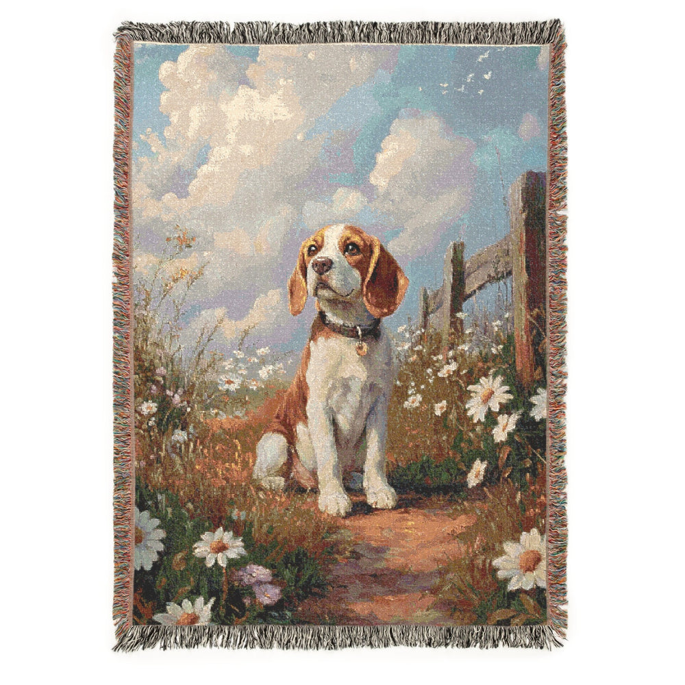Beagle sitting along a countryside – Woven Blanket - Floral Dog Design for Home Comfort