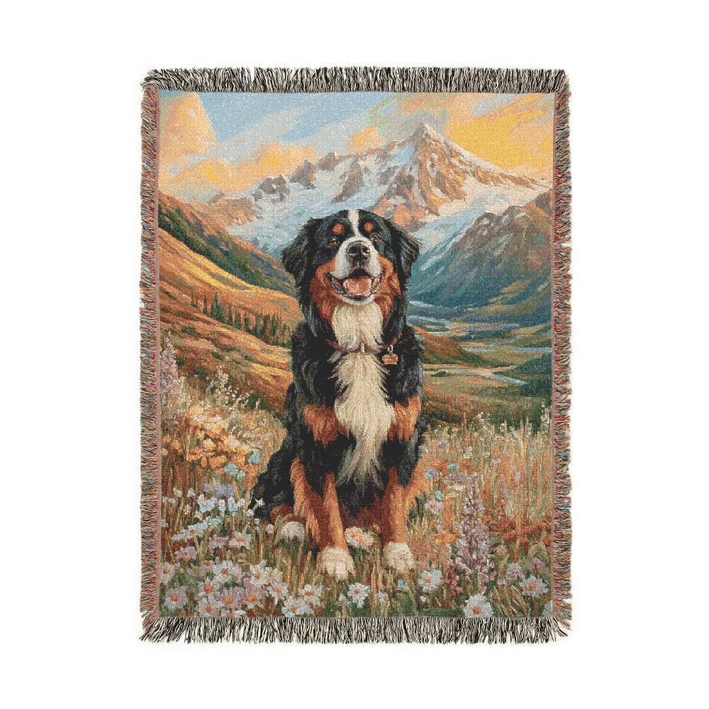 Bernese Mountain Dog on a Alpine Meadow – Woven Blanket - Floral Dog Design for Home Comfort