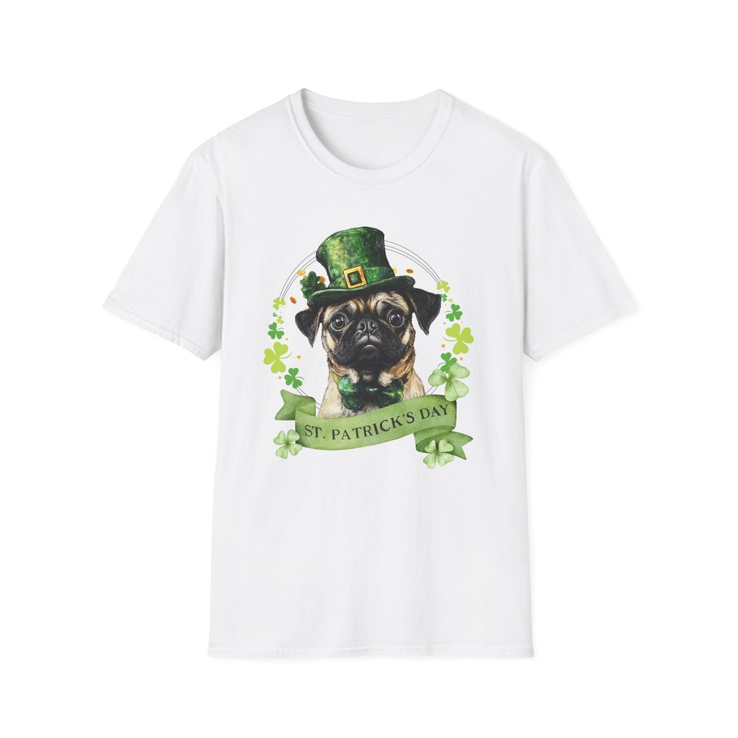 St. Patrick’s Day white t-shirt featuring a pug dog with a shamrock garland and festive Irish design