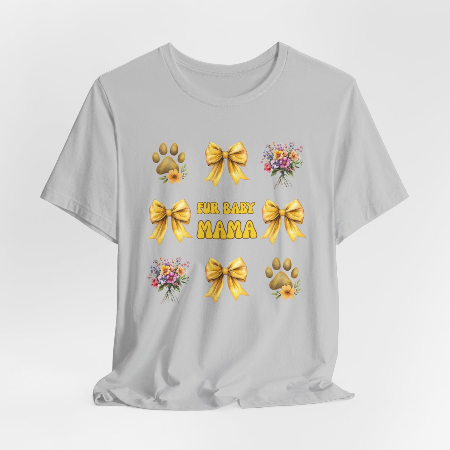 Fur Baby Mama T-Shirt – Soft Cotton Tee with Yellow Bows – Gift for Pet Moms