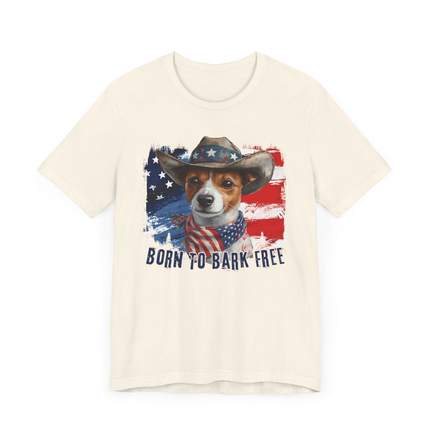 Jack Russel Patriotic T-Shirt "Born to Bark Free" - Dog-Themed Patriotic Design