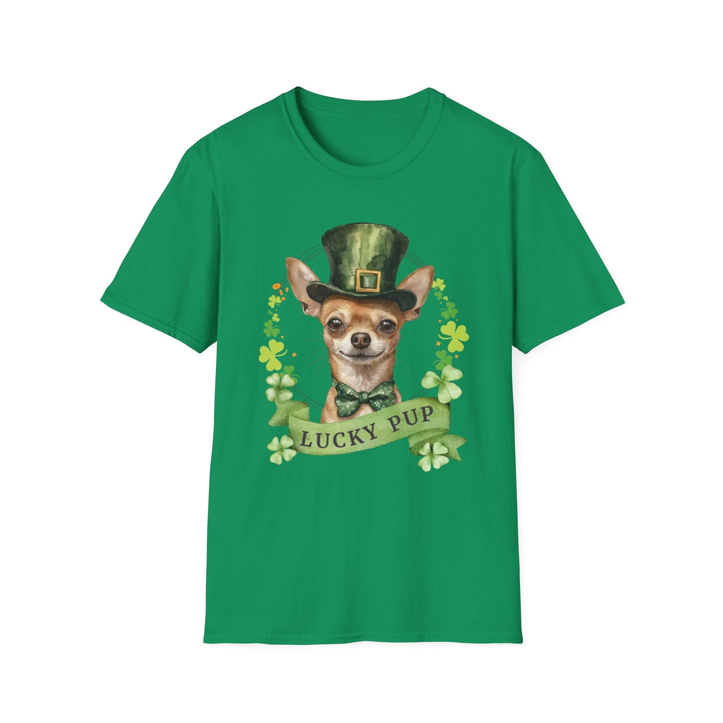 St. Patrick’s Day kelly green t-shirt featuring a Chihuahua dog with a shamrock garland and festive Irish design