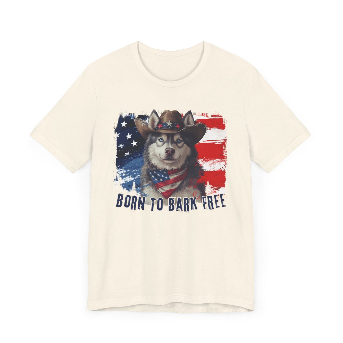 Siberian Husky Patriotic T-Shirt "Born to Bark Free" - Dog-Themed Patriotic Design
