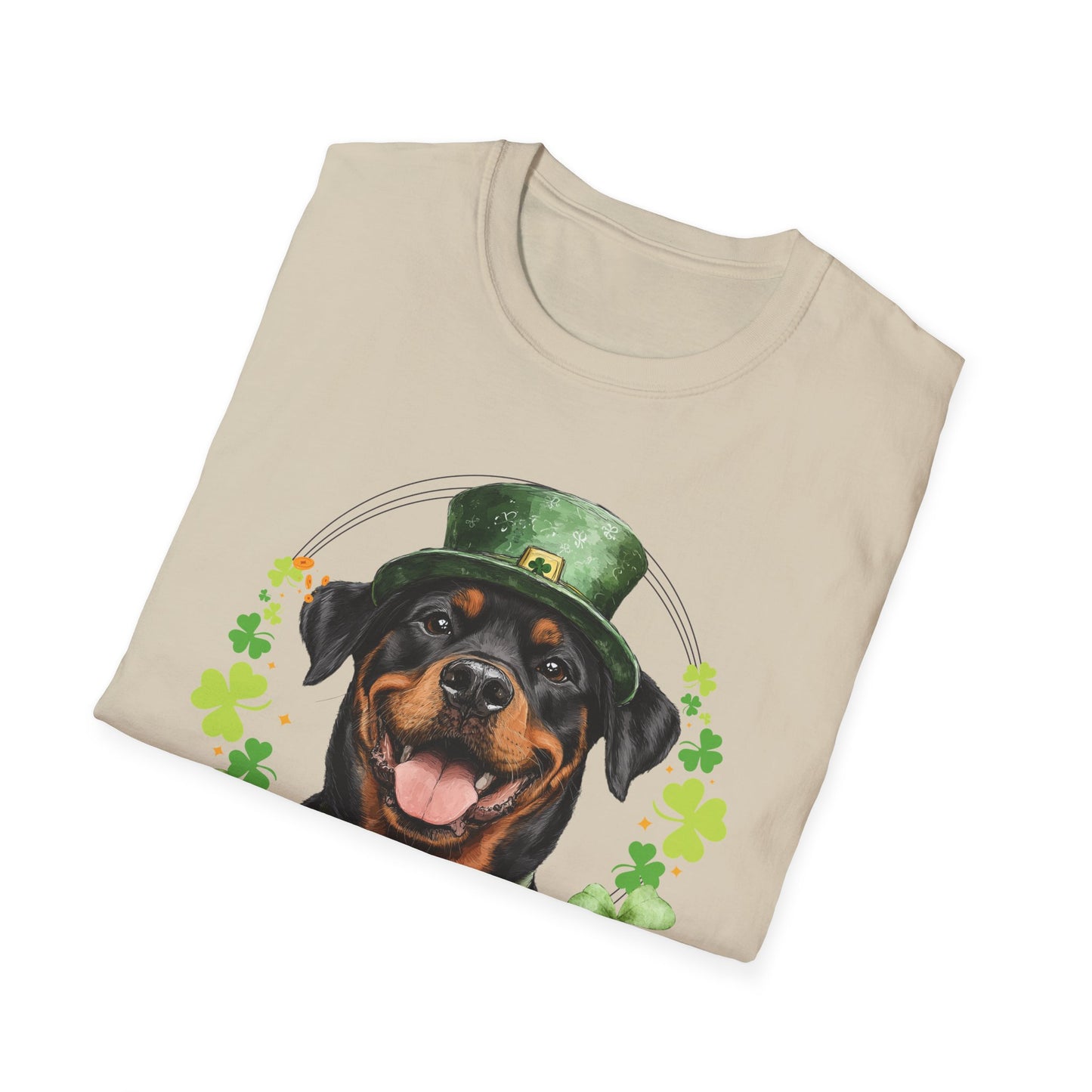 St. Patrick’s Day t-shirt gift for dog lovers featuring a Rottweiler dog with a shamrock garland and festive Irish design