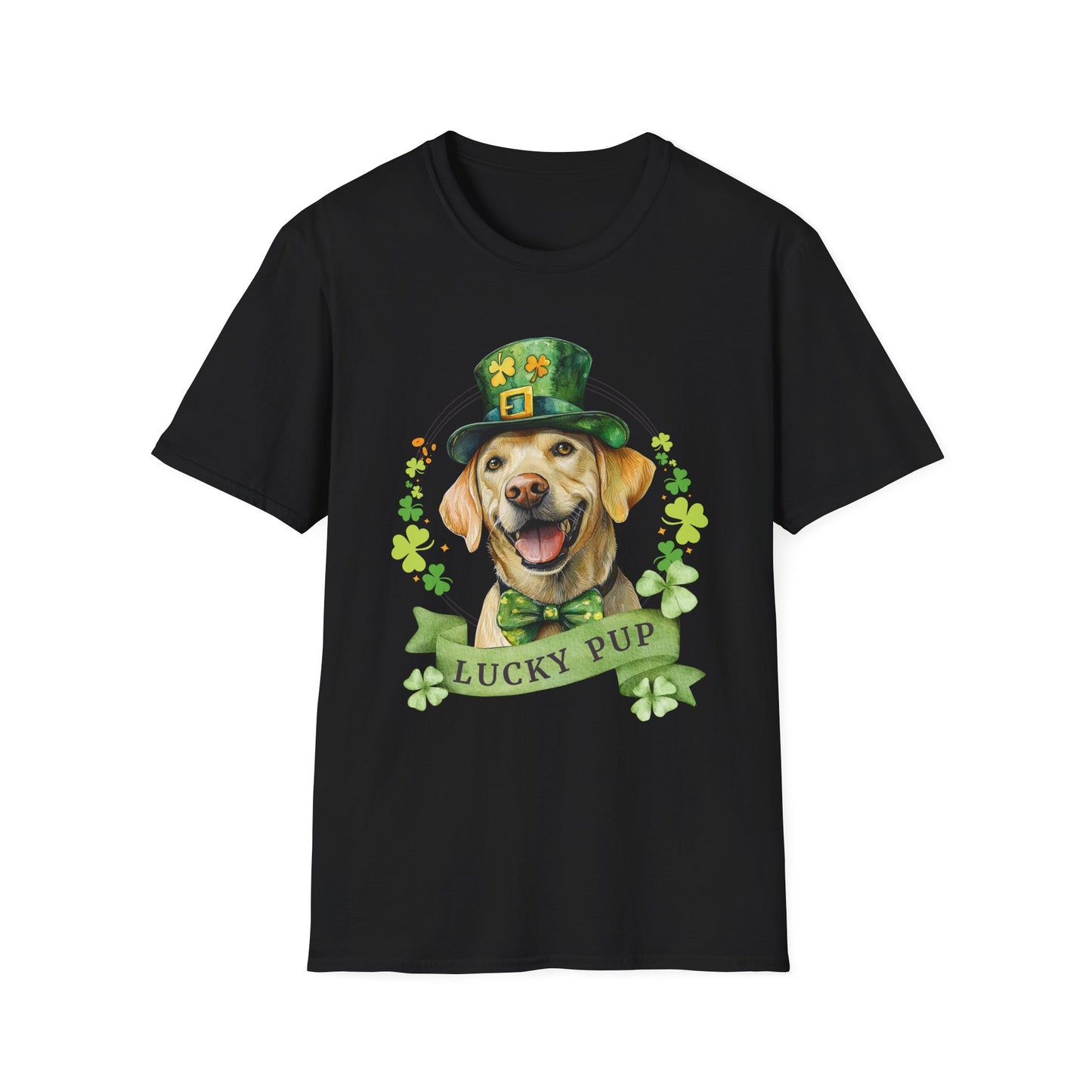 St. Patrick’s Day t-shirt featuring a yellow labrador retriever dog with a shamrock garland and festive Irish design black